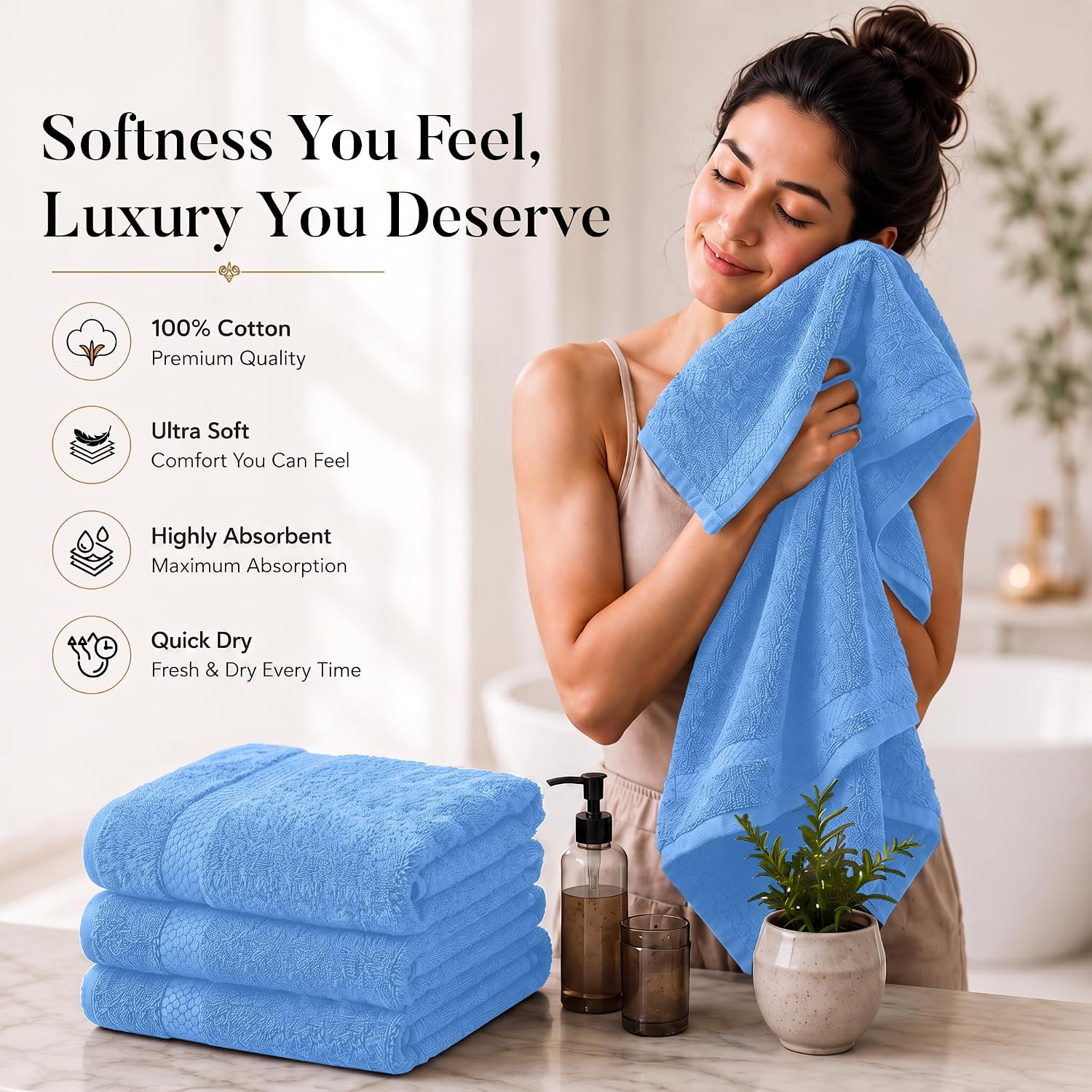 DAN RIVER 600 GSM Cotton Large Bath Towels Set of 4, 27 x 54 Inches, M-Blue | Larger & Lighter Weight Towels for
