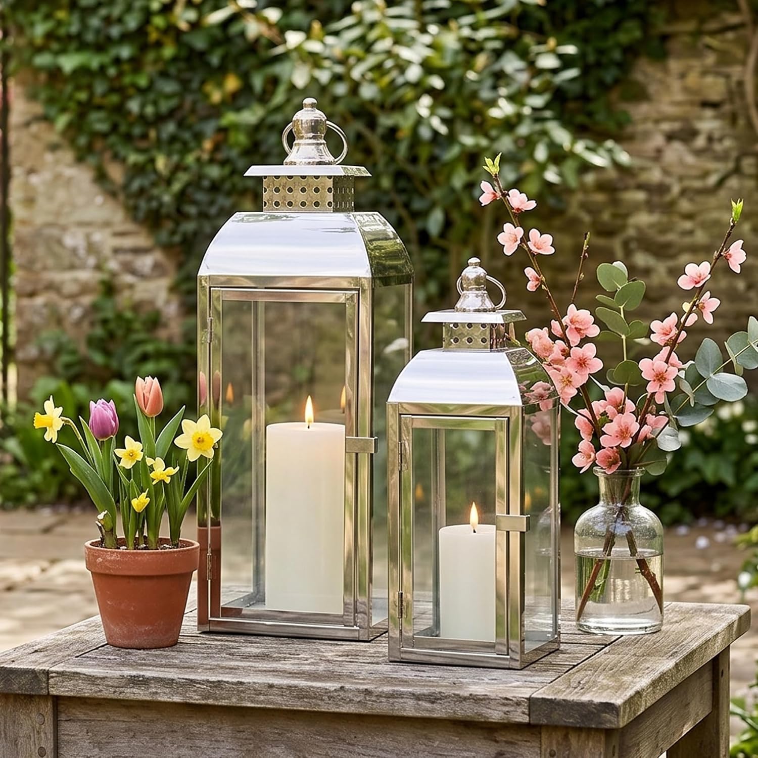 JHY DESIGN Set of 2 Stainless Steel Decorative Candle Lanterns 20.5"&15" High Metal Candle Lanterns for Indoor Outdoor