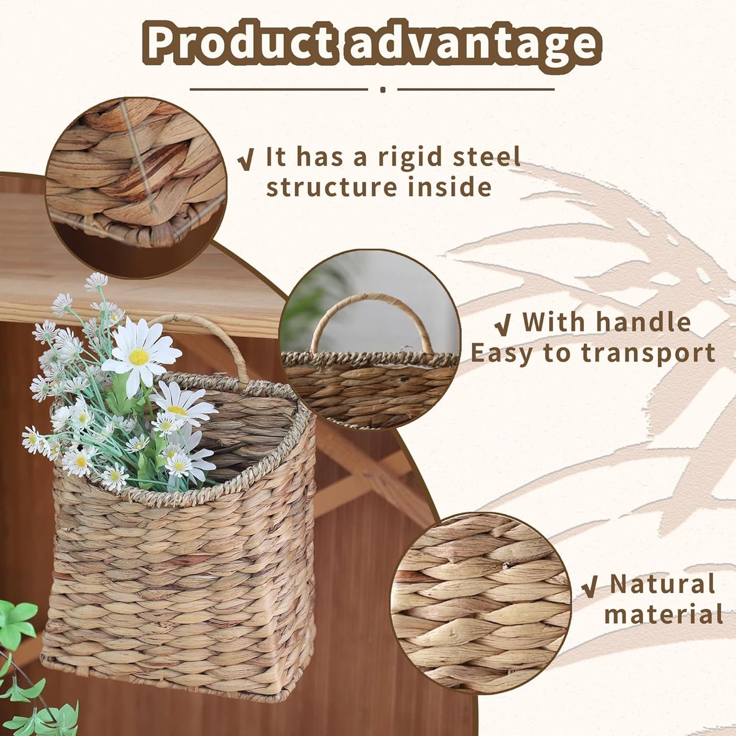 Woven Hanging Basket Water Hyacinth Hanging Wall Basket Wicker Handmade Baskets / Seagrass Mouth