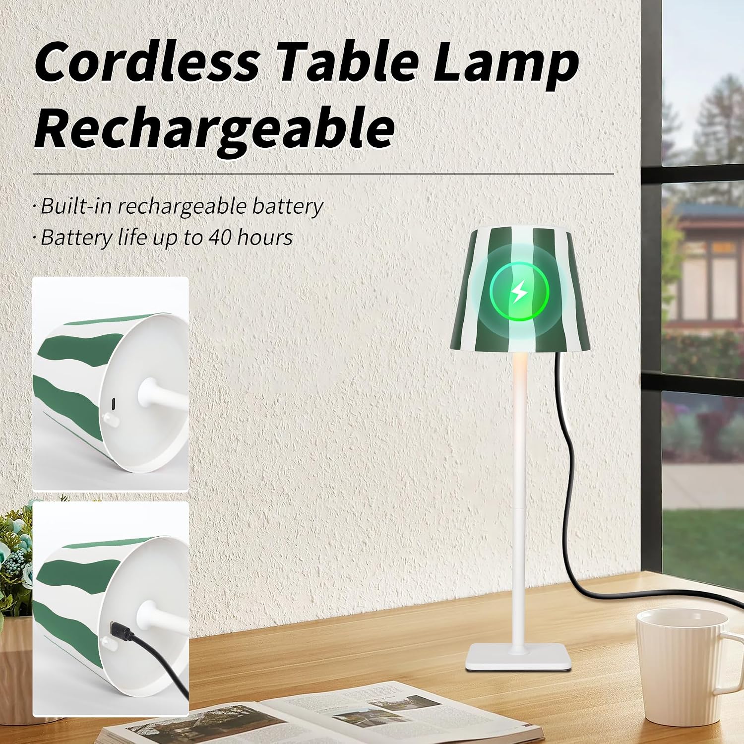Mr. White Outdoor Waterproof Cordless Wireless Rechargeable Portable Top Touch Battery Operated Powered LED Table Lamp