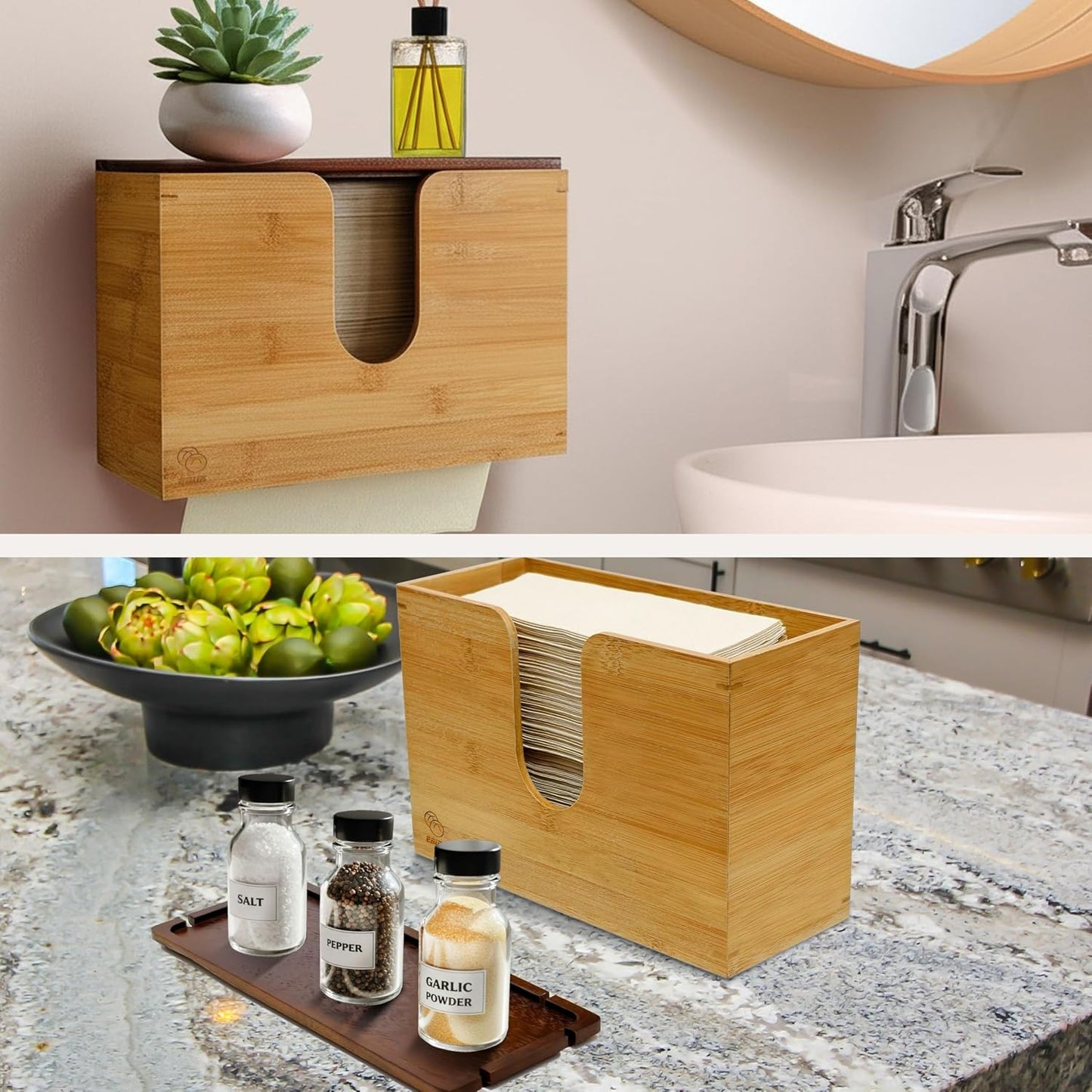 eBun Bamboo Paper Towel Dispenser with Removable Wooden Lid Tray, Bamboo | Wall mount or countertop holder for C-fold
