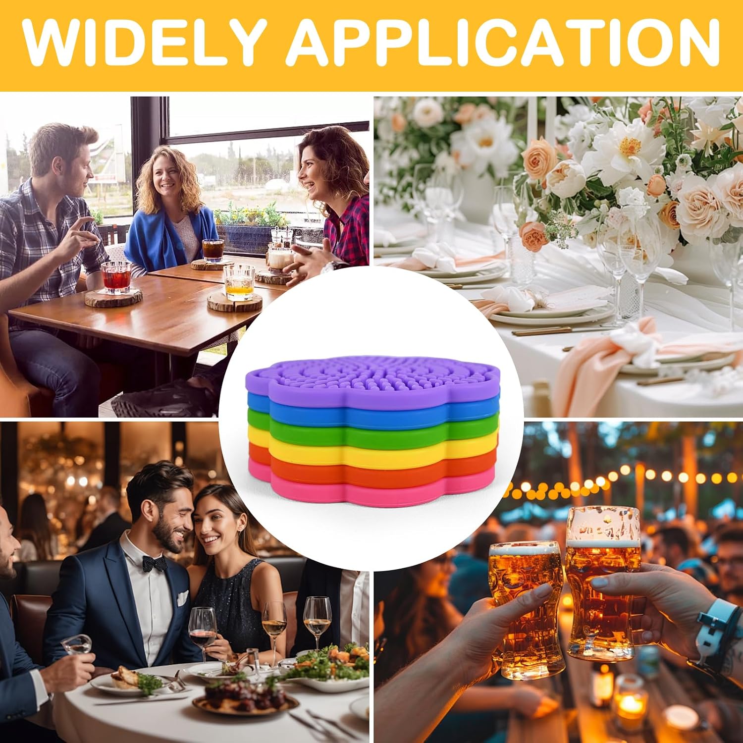 Colorful Silicone Coasters for Drinks Absorbent Scalloped Rainbow Coaster / 4.3 Inch / Set of 6