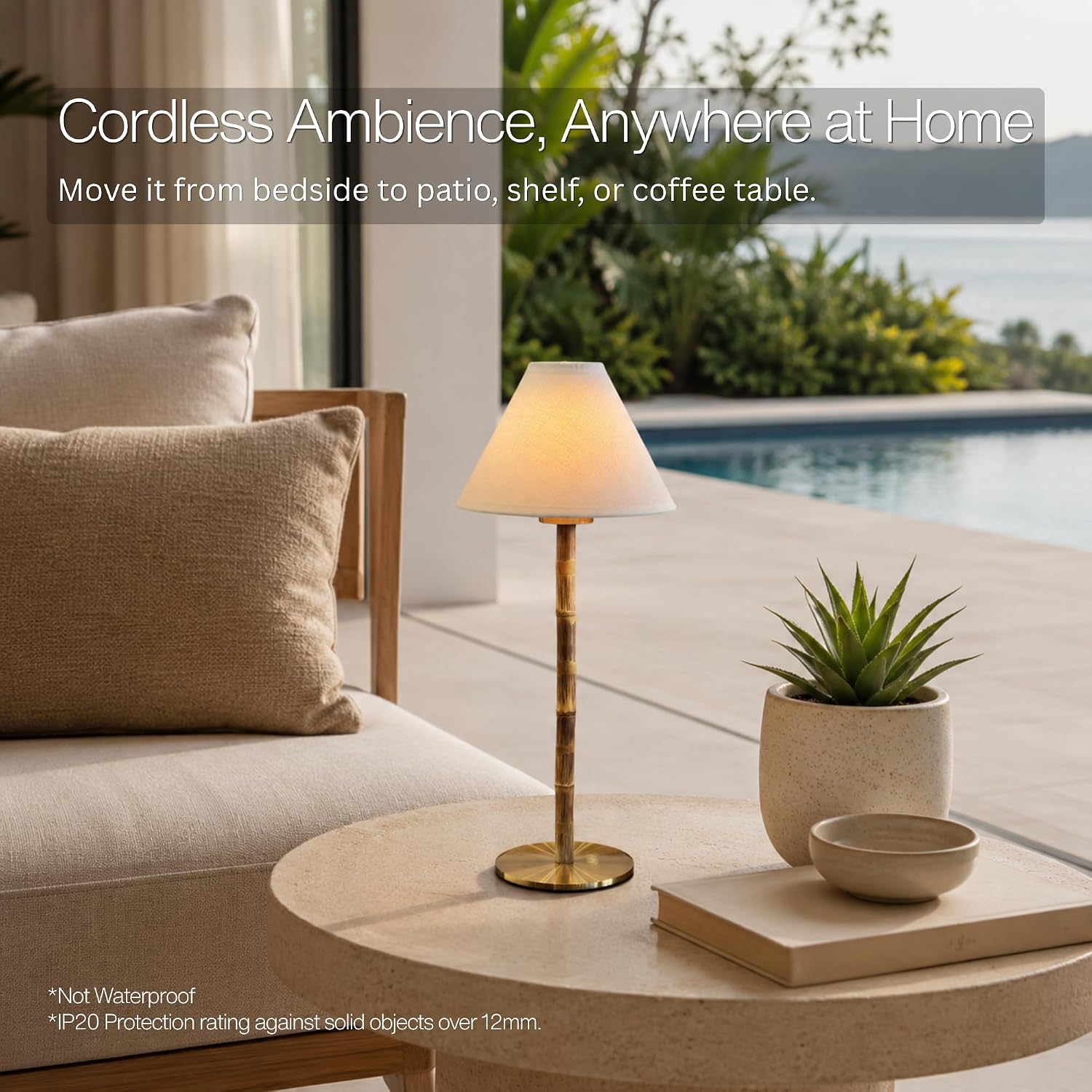 Bamboo Cordless LED Table Lamp – Rechargeable 24-Hour Battery, Dimmable Warm Light, Portable Wireless Lamp with Remote