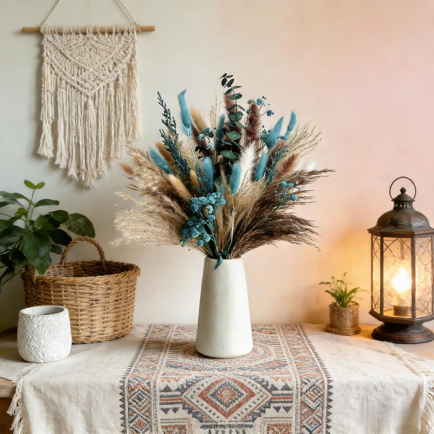 Turquoise Dired Pampas Grass Decor 17" Fluffy Real Blue Dired Flowers / Teal