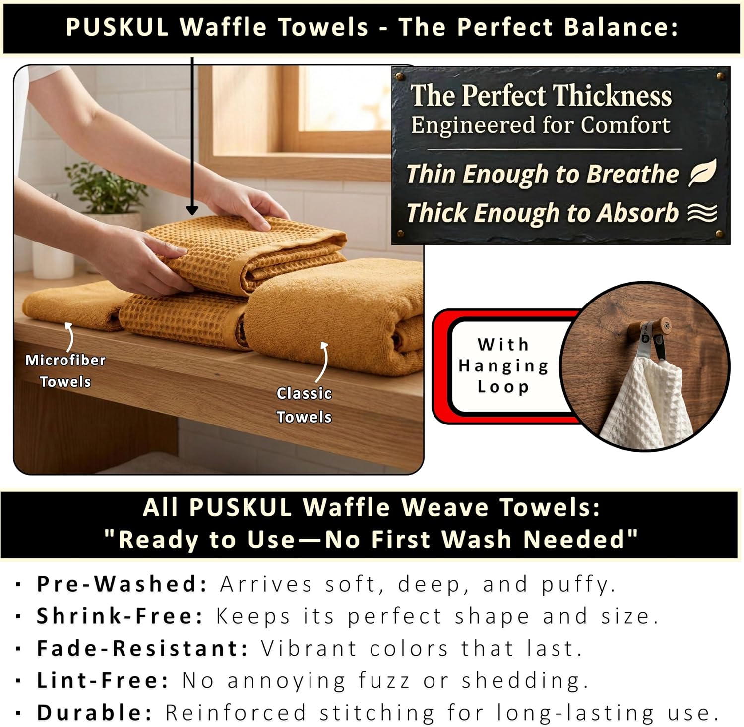 PÜSKÜL Natural 100% Turkish Cotton Waffle Bath Towels Set of 2, Extra-Large | Mustard, Oversize 32x63" Bath sheet towel