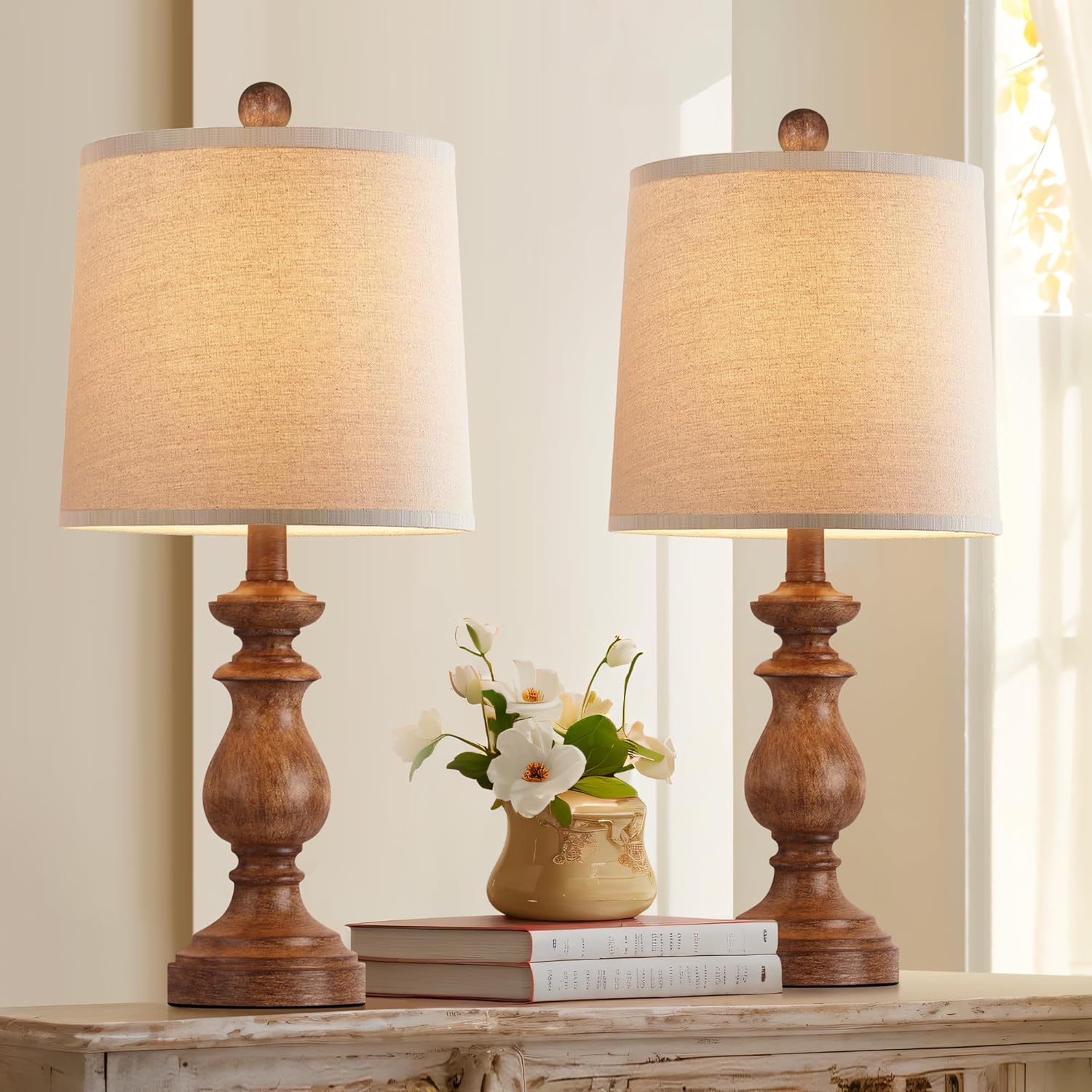 PARTPHONER Traditional Table Lamp Set of 2, Rustic Farmhouse Table Lamps for Living Room Bedroom, 22" Bedside Desk