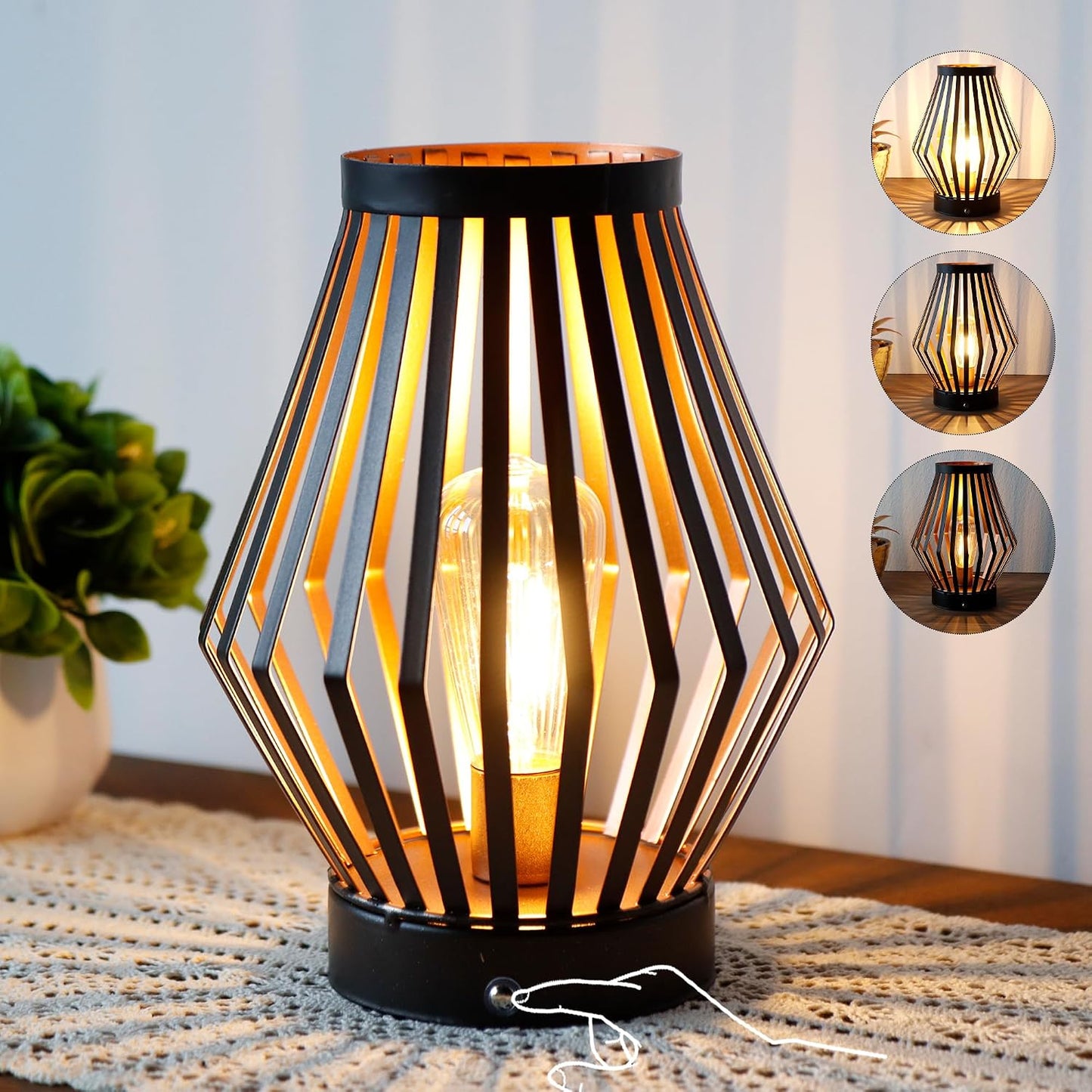 JHY DESIGN Dimmable Touch Bedside Table Lamp 8.5''H Rechargeable Metal Cage Lantern with LED Edison Style Bulb Cordless