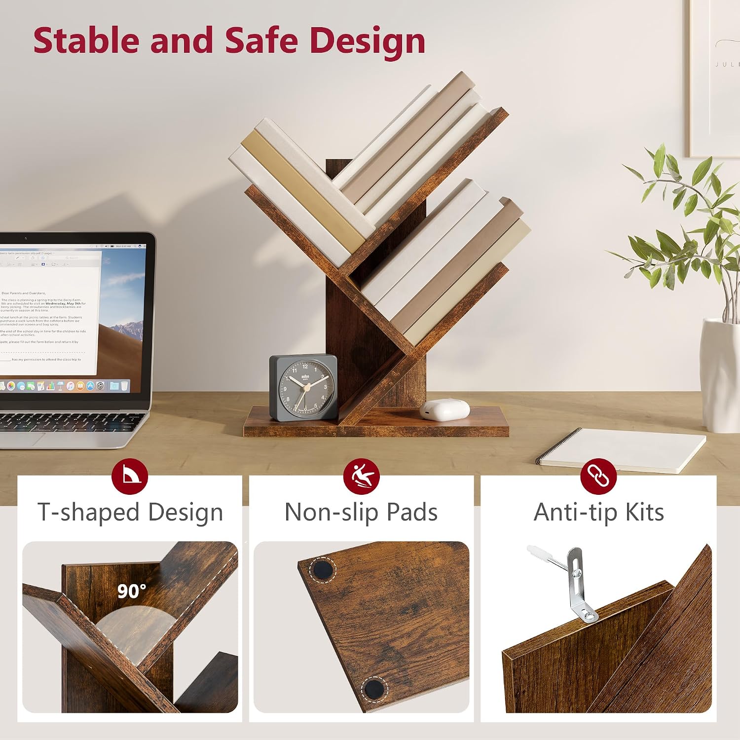 Tree Bookshelf 3-Tier Small Book Organizer, Rustic Brown | Mini Bookshelf, Small Bookcase, Modern Book Storage for