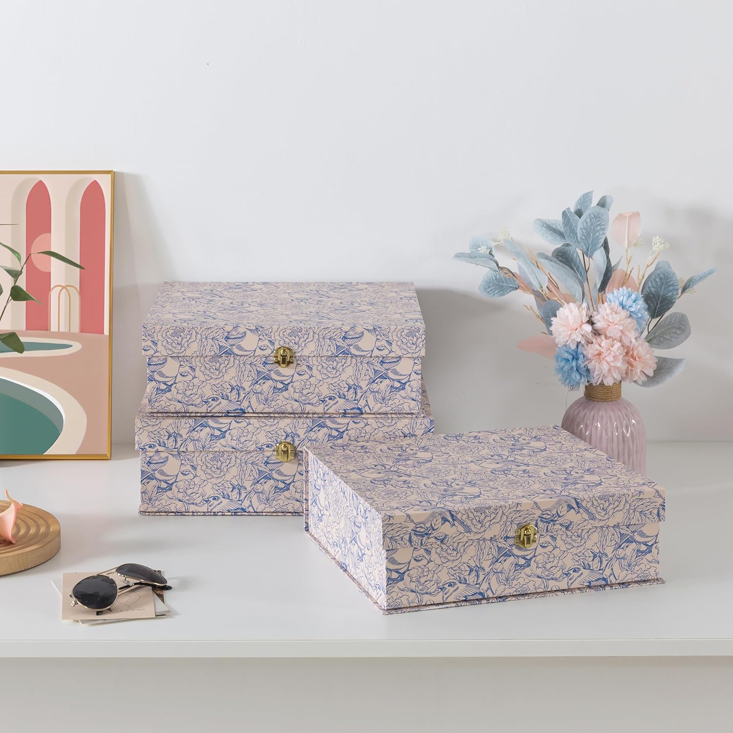 White Floral Cardboard Decorative Storage Boxes / Aviary Garden / Blue / Set of 3