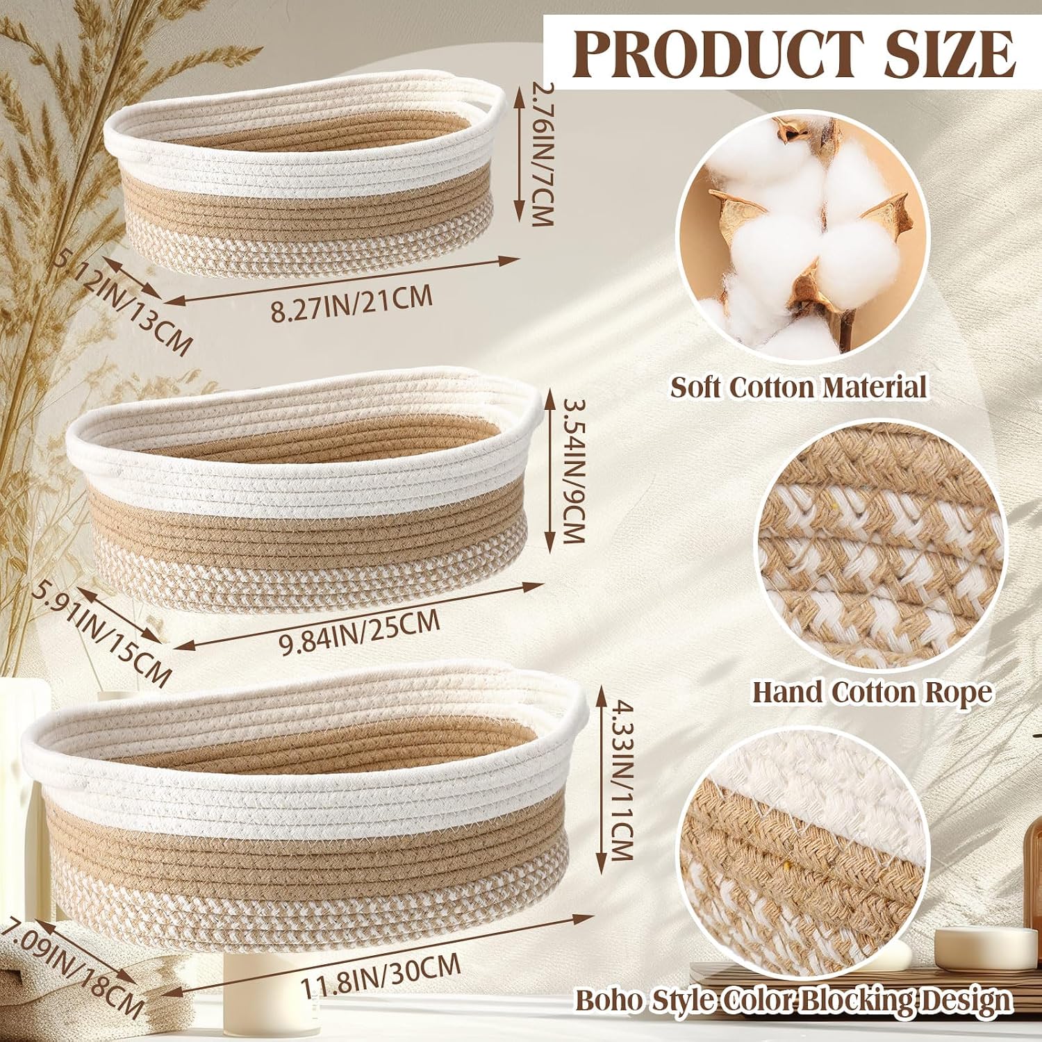 Boho Cotton Rope Storage Baskets for Organizing 3 Sizes Woven Shelf Basket Set Decorative / Set of 6