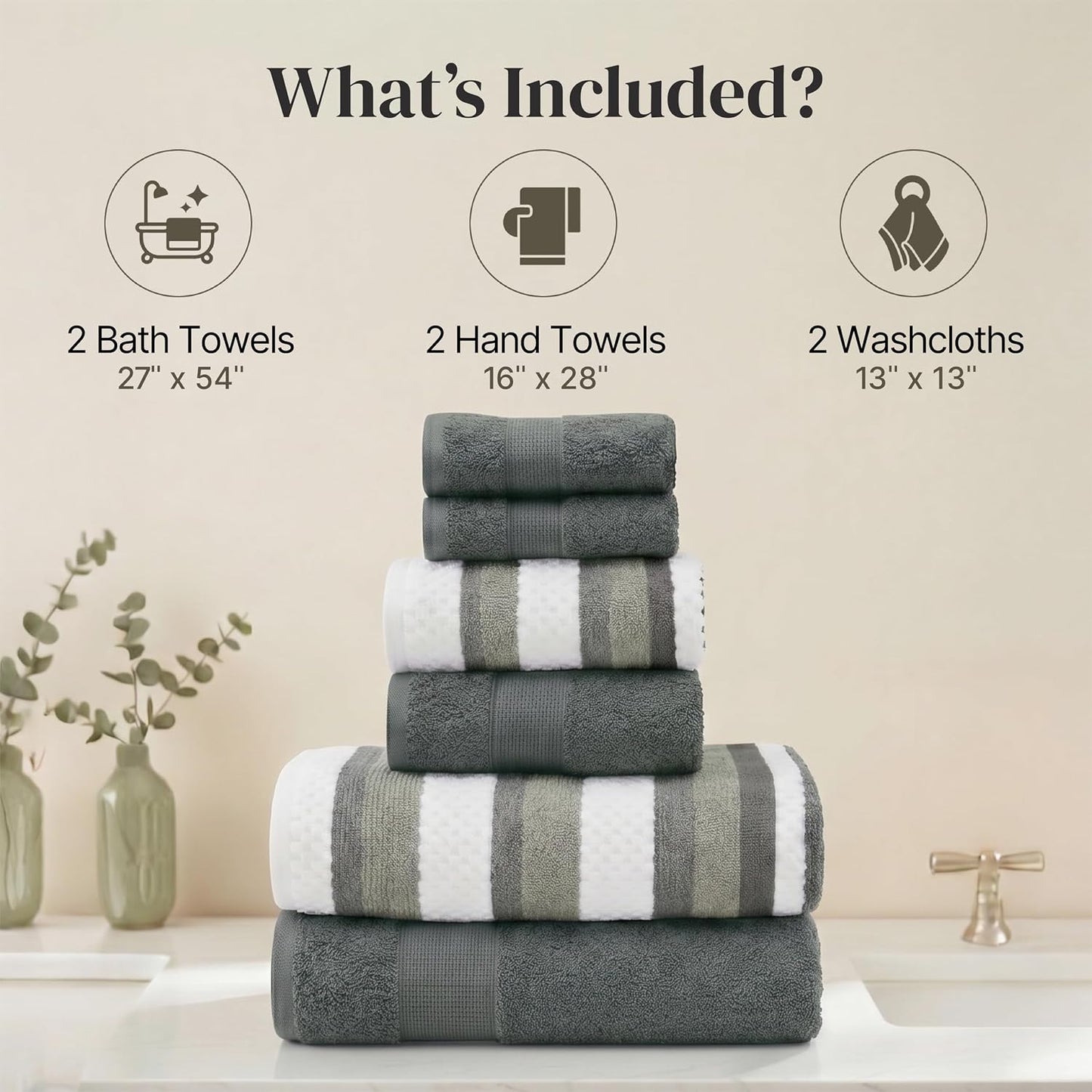 Modern Threads 6 Piece Bath Towel Set – Bathroom Towel Set with 2 Bath Towels, 2 Hand Towels & 2 Washcloths – 100%