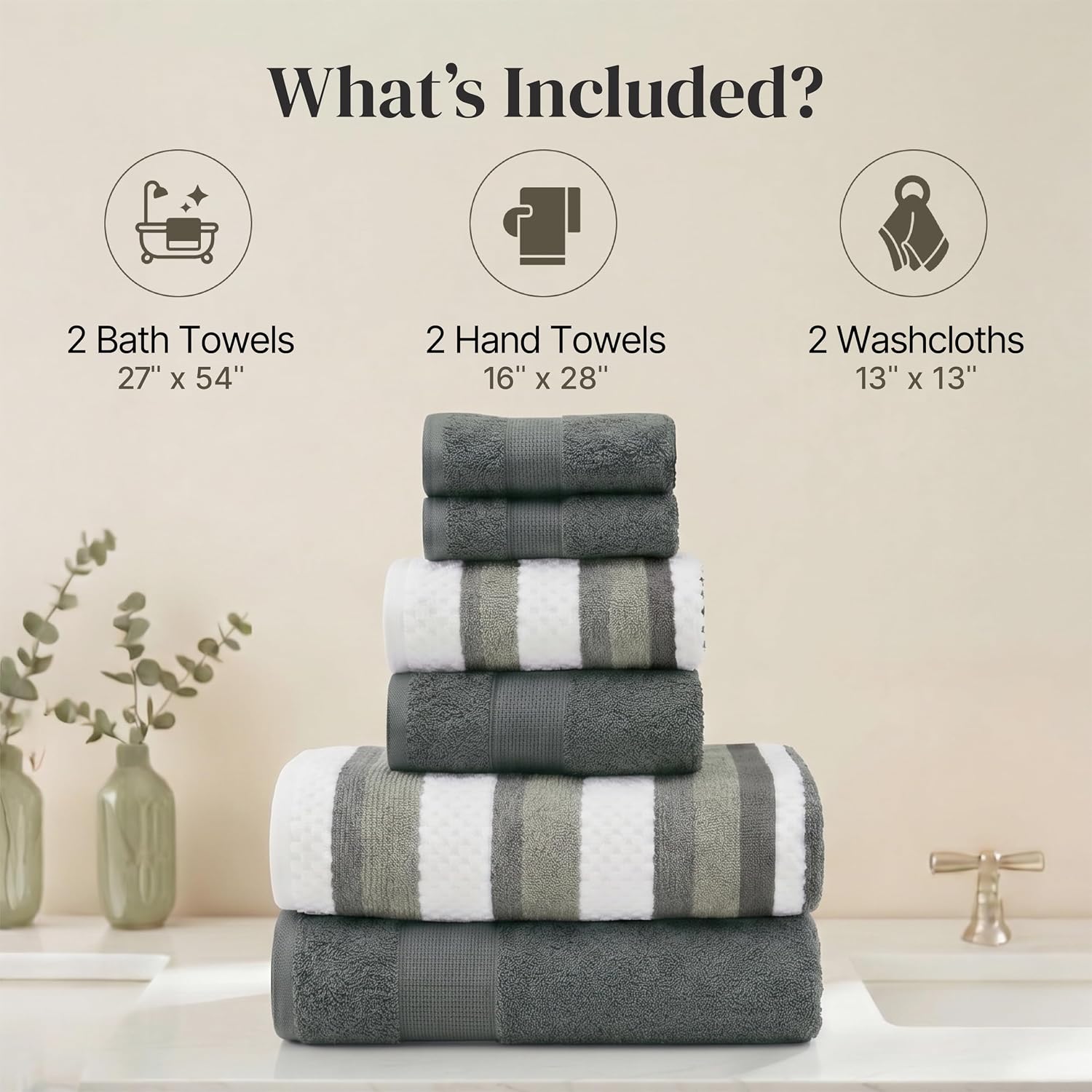 Modern Threads 6 Piece Bath Towel Set – Bathroom Towel Set with 2 Bath Towels, 2 Hand Towels & 2 Washcloths – 100%