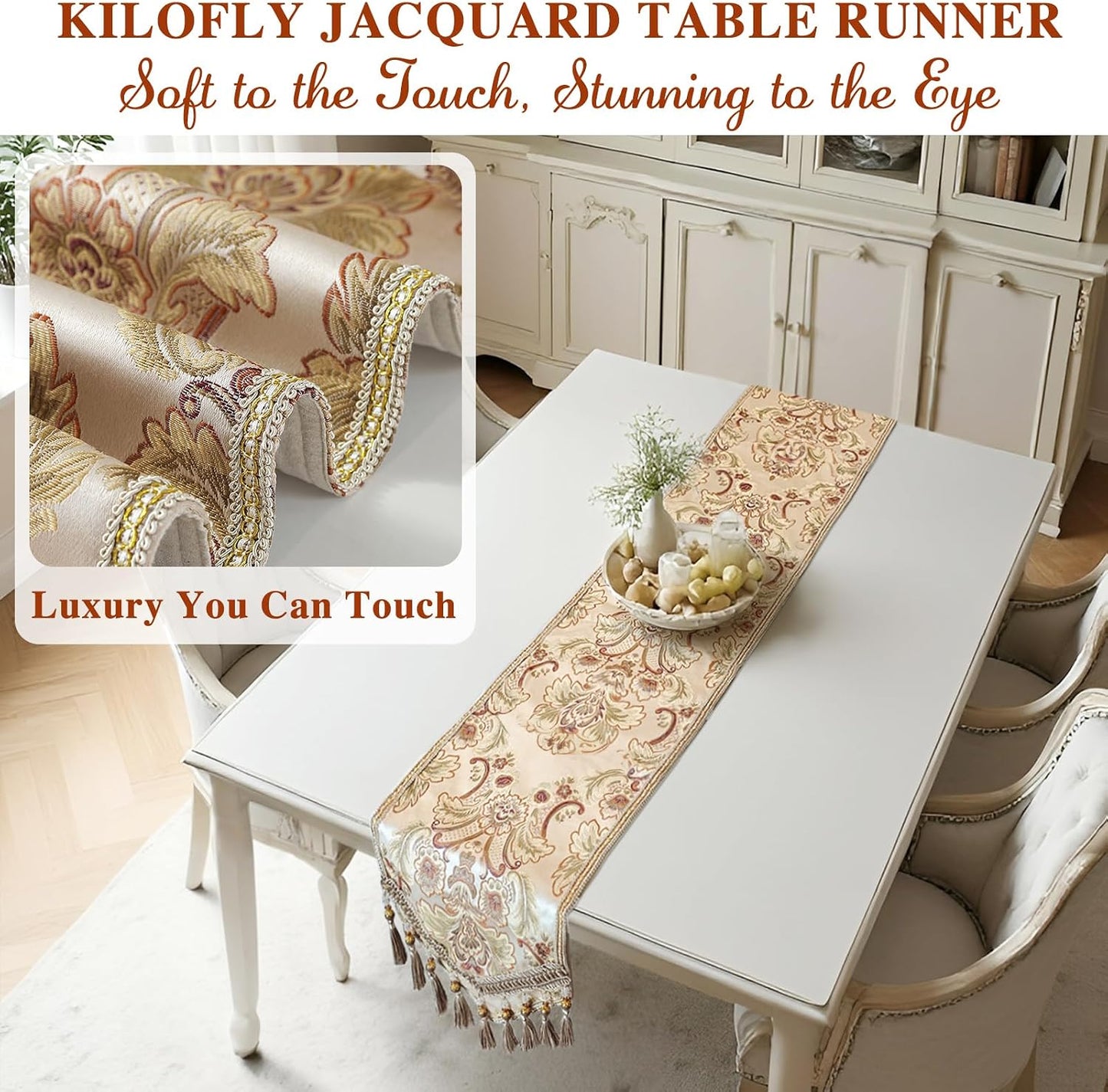 kilofly Elegant Floral Brocade Jacquard Table Runner Tassels (89 x 12 inches)