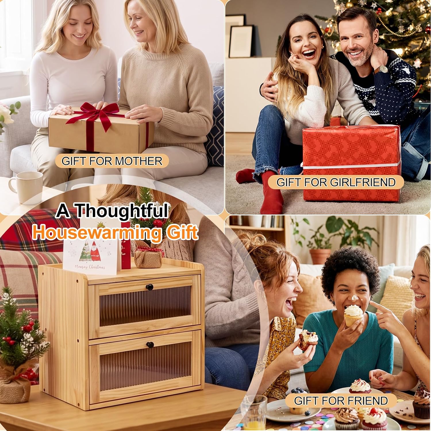 Alpeir Wooden Bread Box for Kitchen Countertop, Large Double Layer, Nature | Food-Safe Pine Wood, Double-Row