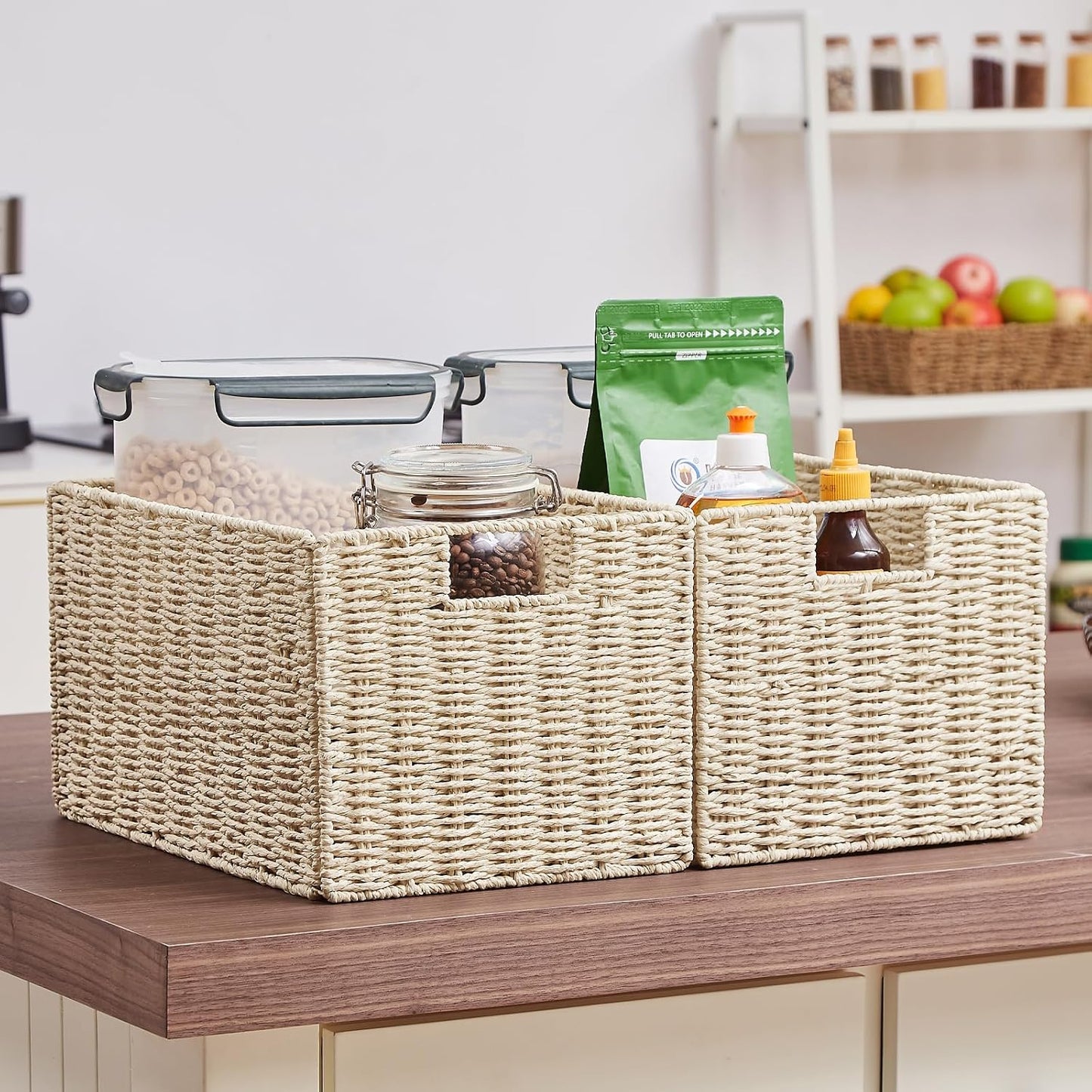 Wicker Storage Basket / Beige / 15.2"D x 10"W x 8.6"H / Set of 2