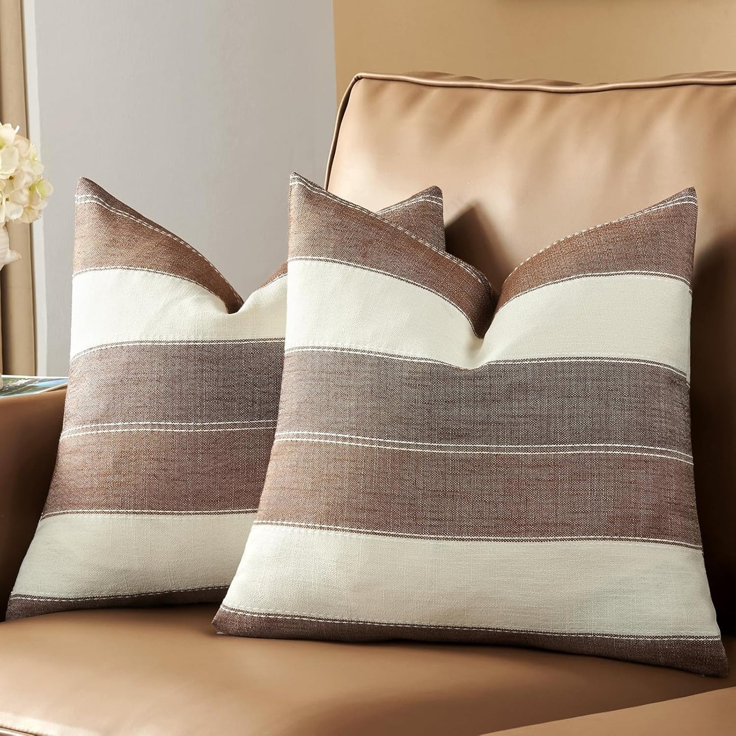 Farmhouse Stripe Check Throw Pillow Covers Set Case Cotton Linen / 18 x 18 / Brown / Set of 2