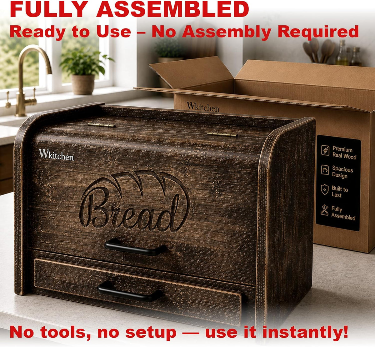 KNIFEPLANET Premium FULLY ASSEMBLED Rustic Bread Box – Extra Large Real Wood Bread Box for Kitchen Countertop Storage