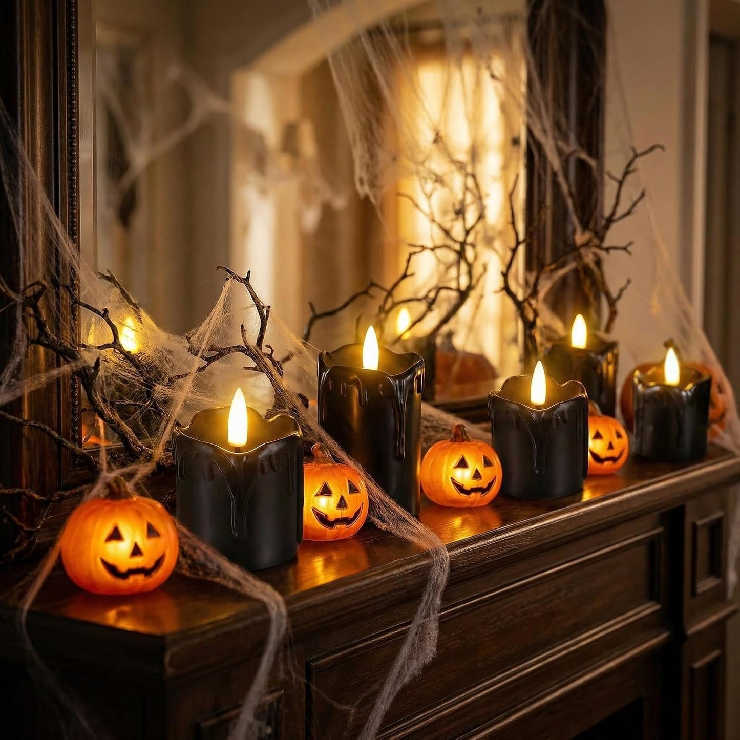 Black Dripping Wax Halloween Flameless Votive Candles with Timer Batteries | Halloween Decorations, 2x2 in Battery LED