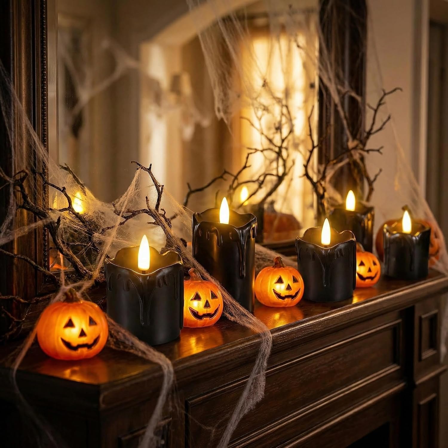 Black Dripping Wax Halloween Flameless Votive Candles with Timer Batteries | Halloween Decorations, 2x2 in Battery LED