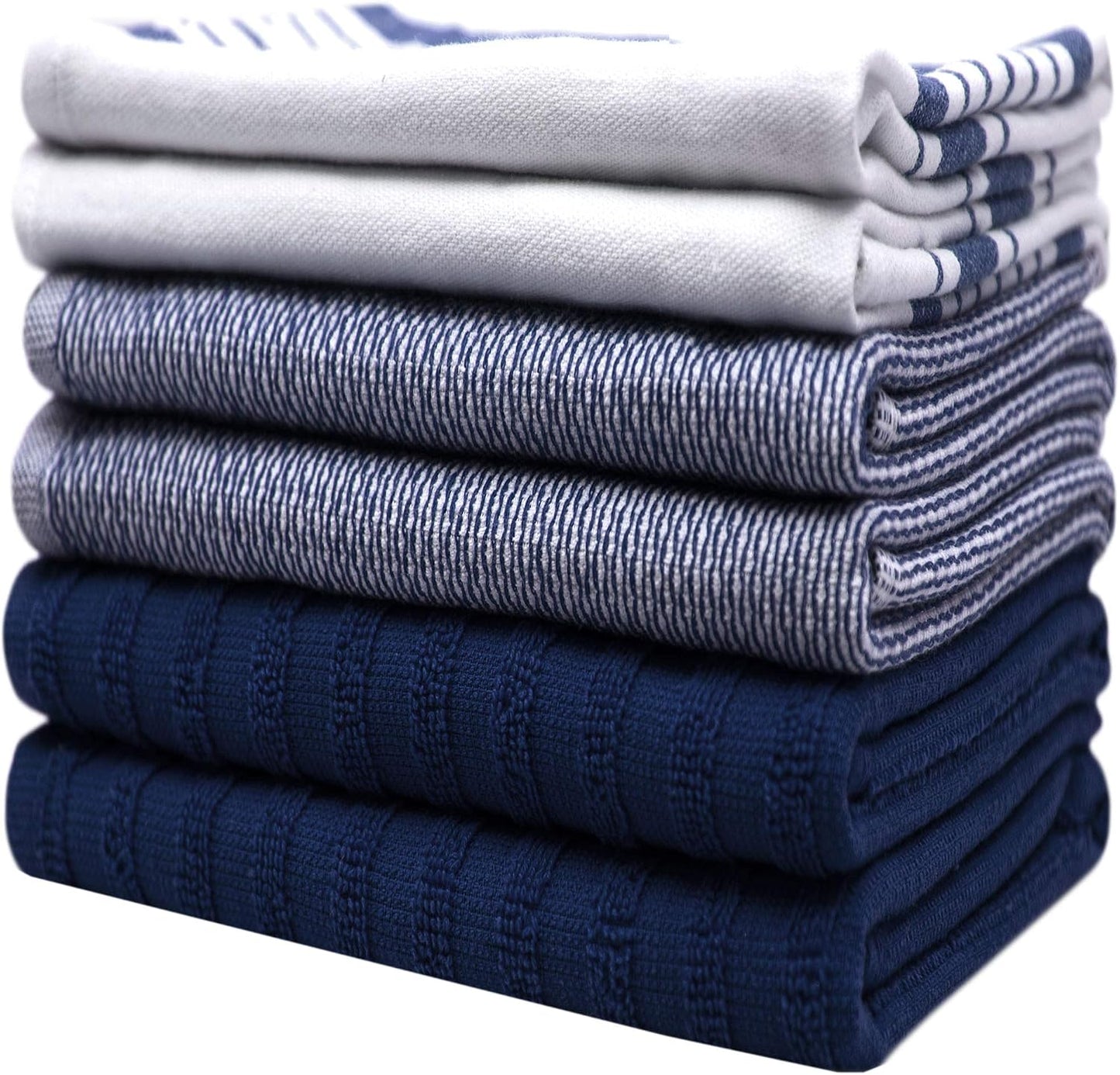 Premium Kitchen Towels 6 Pack 100% Cotton 20"x28" Dish Towels Navy Striped | Large Flat & Terry Kitchen Linen Set with