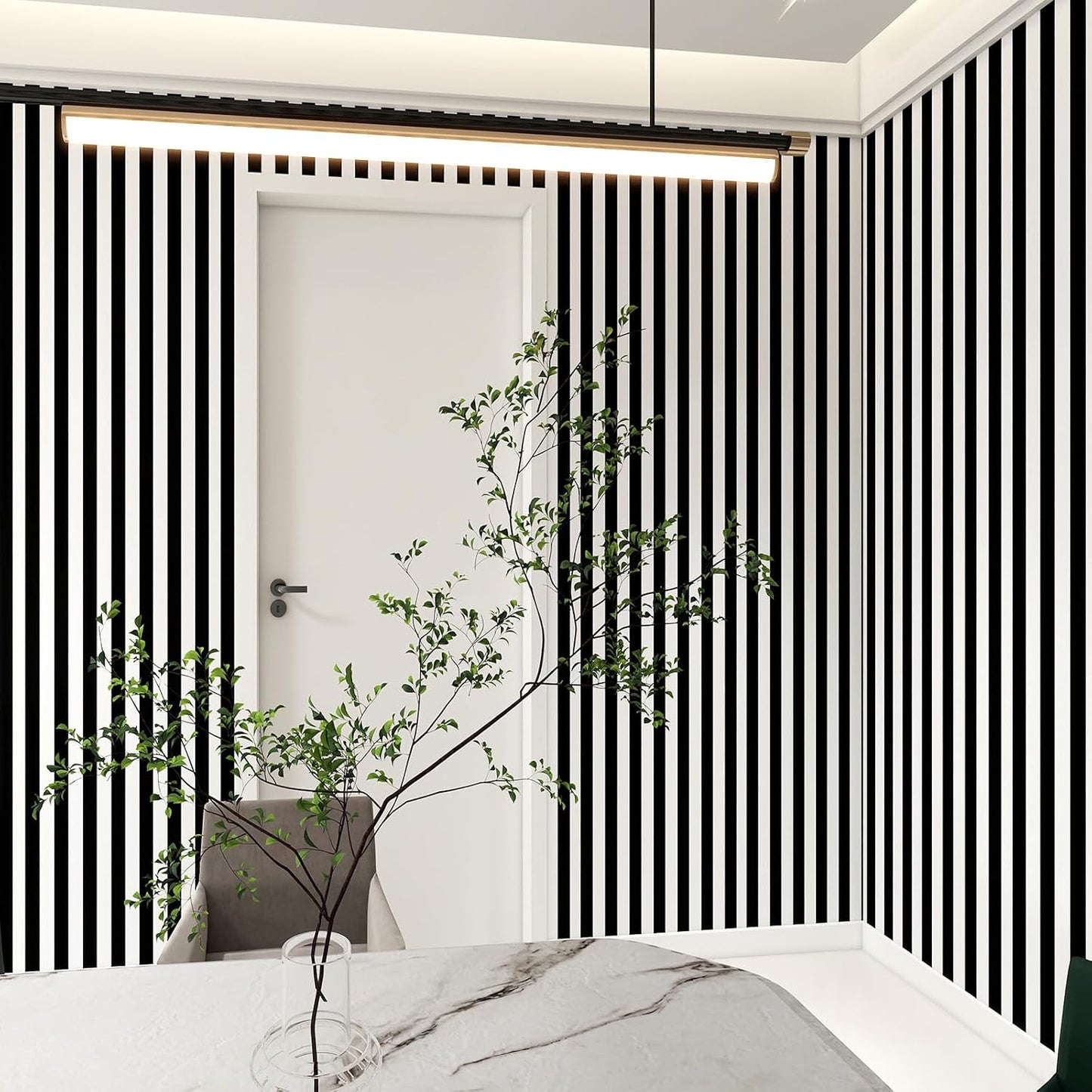 White Striped Wallpaper " Removable Striped Peel and Stick Wallpaper Waterproof / Black / 17.3 x 120