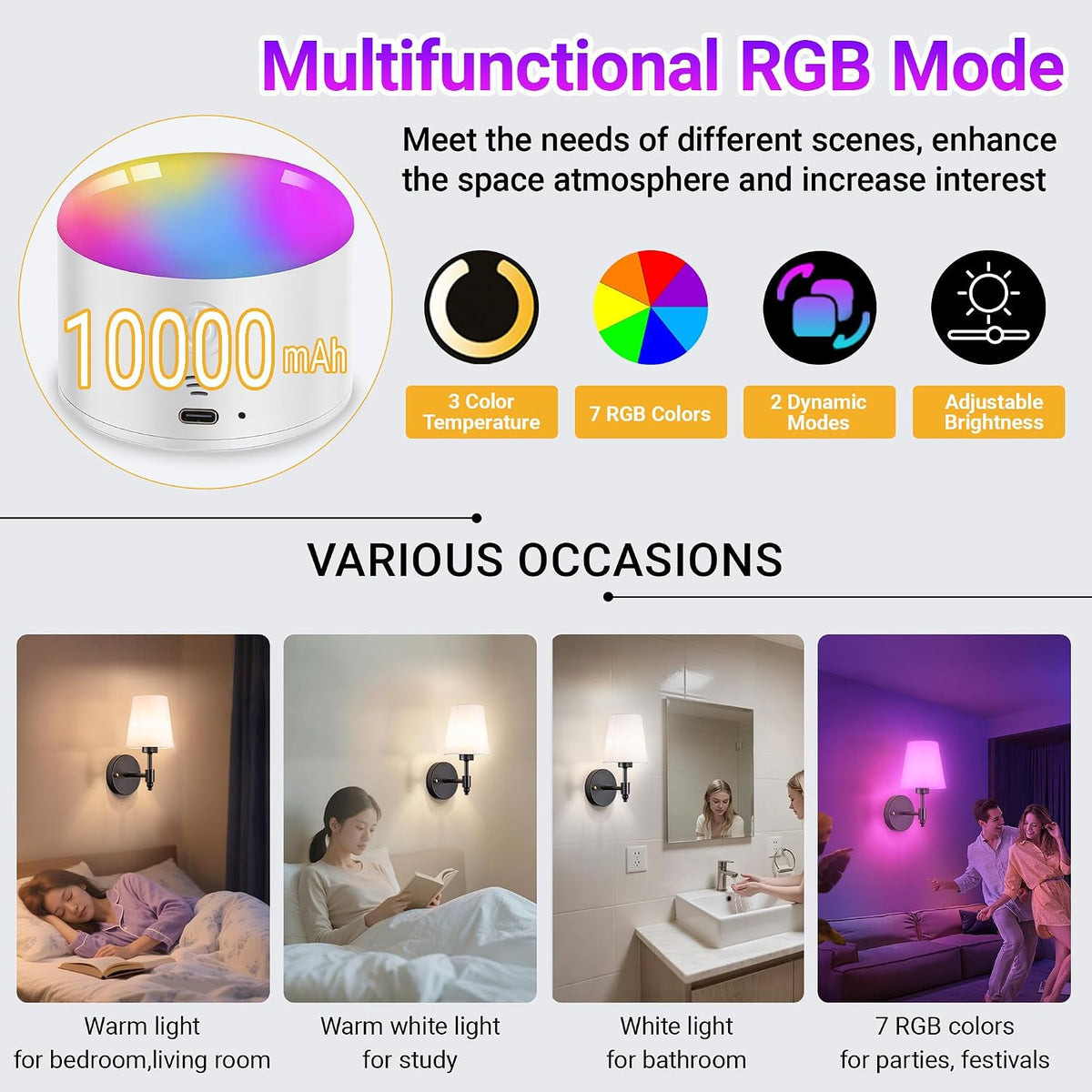 YHCDLAMP Battery Operated Wall Sconces Set of Two, Rechargeable Wireless Wall Lights with 10000mAh RGB Dimmable