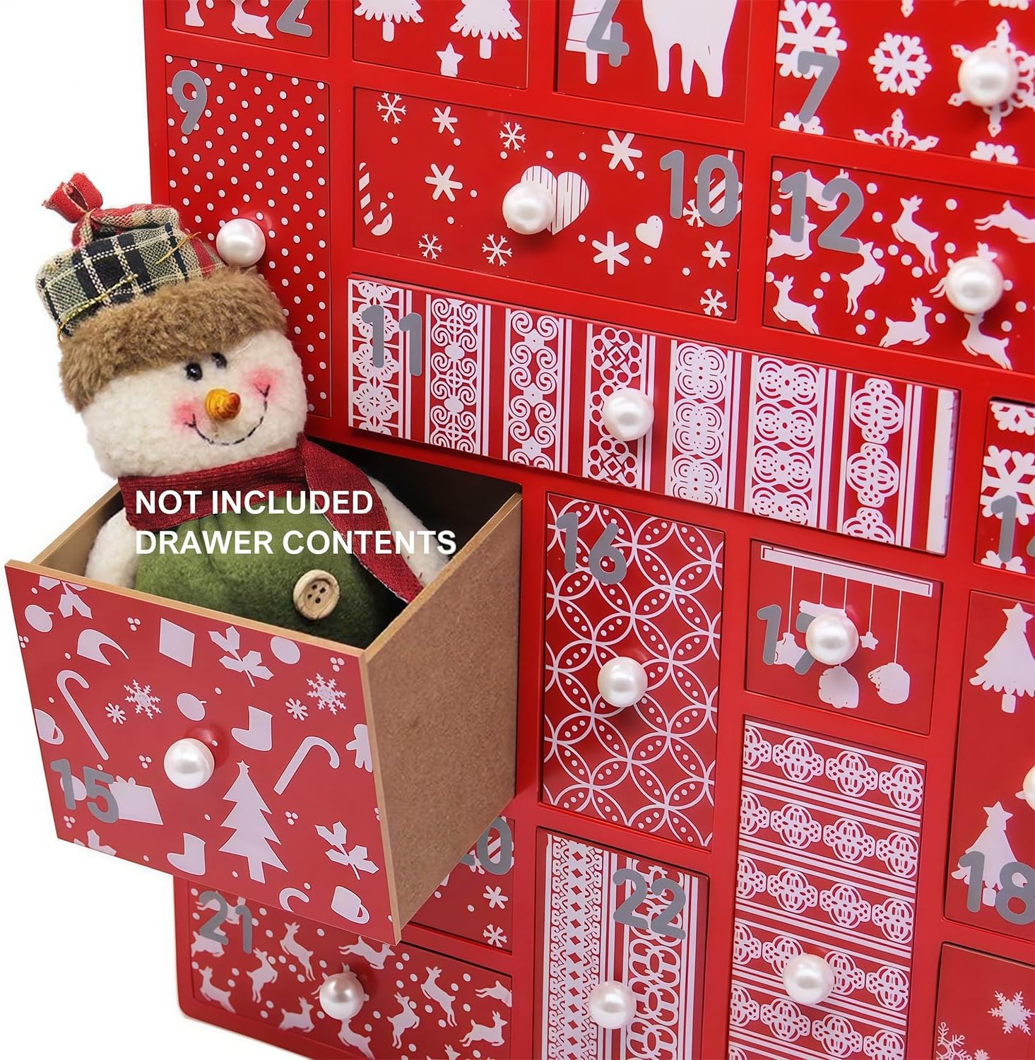Juegoal Red Advent Calendar with 24 Drawers Countdown to Christmas, Refillable Wooden Advent, 15 Inches Tall