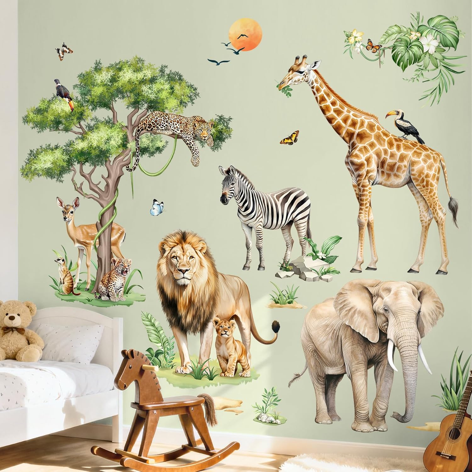 Large Safari Animals Tree Wall Stickers Jungle Animal Giraffe Elephant Lion Leopard Wall Decals Baby
