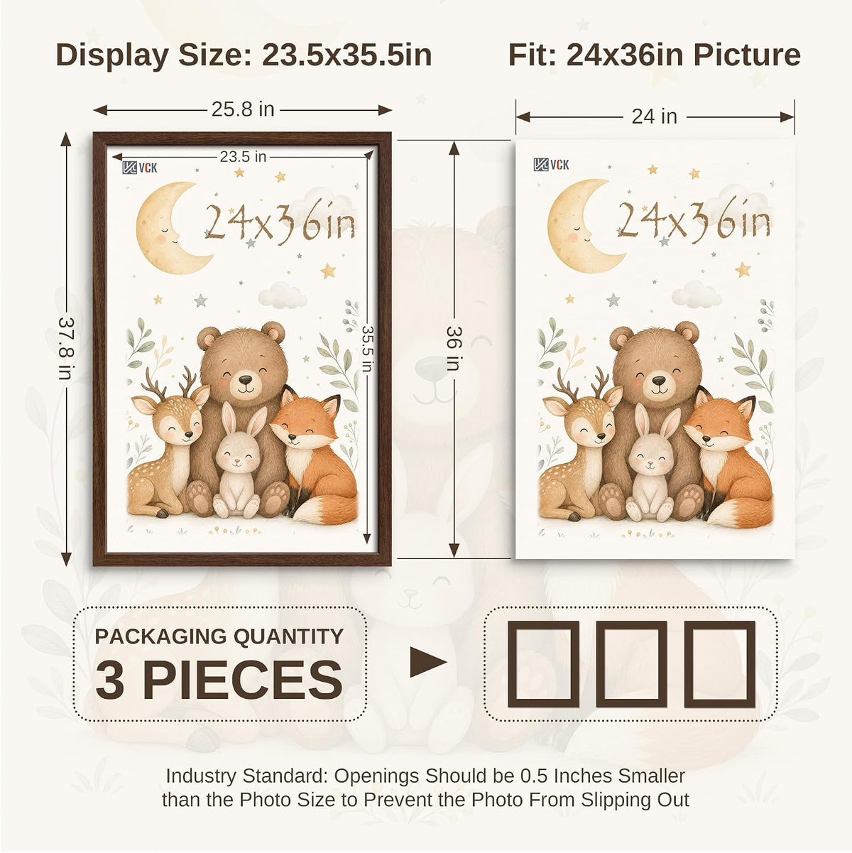 VCK 24x36 Poster Frame Set of 3, Brown Woodgrain, Wall Hanging | Wide Border, Exclusive Woodgrain, Shatterproof