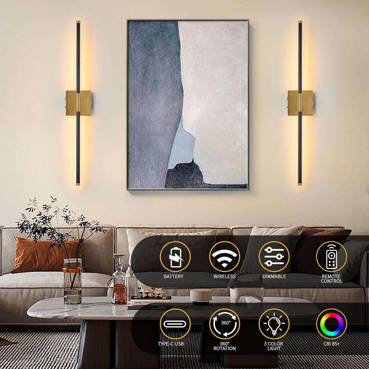 15800 mAh Battery Operated Wall Sconces with Remote Control Dimmable Wall Sconces Set of Two 3000K LED Brass Gold and