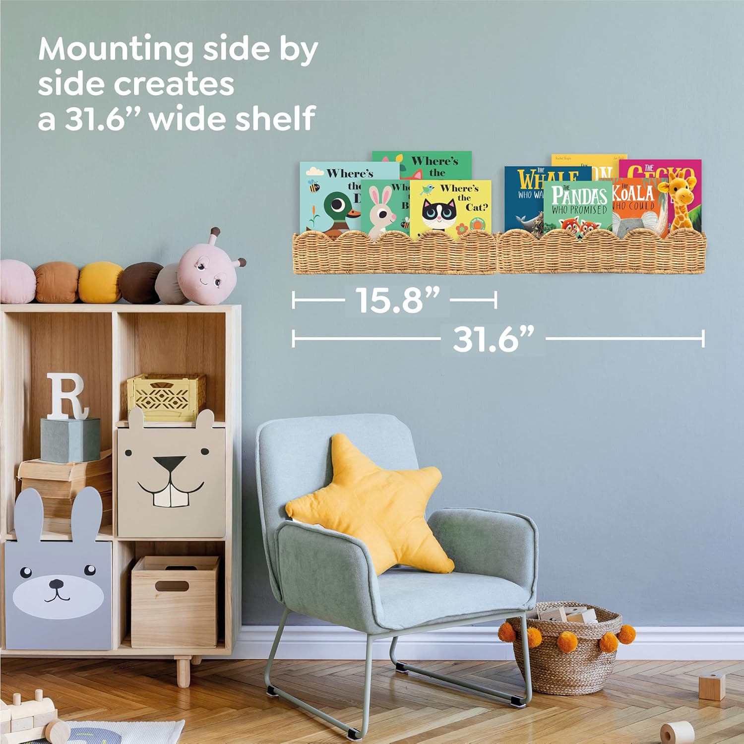Artisanal Rattan Scalloped Book Shelf for Kids Rooms 15.8" W / Natural / Set of 2