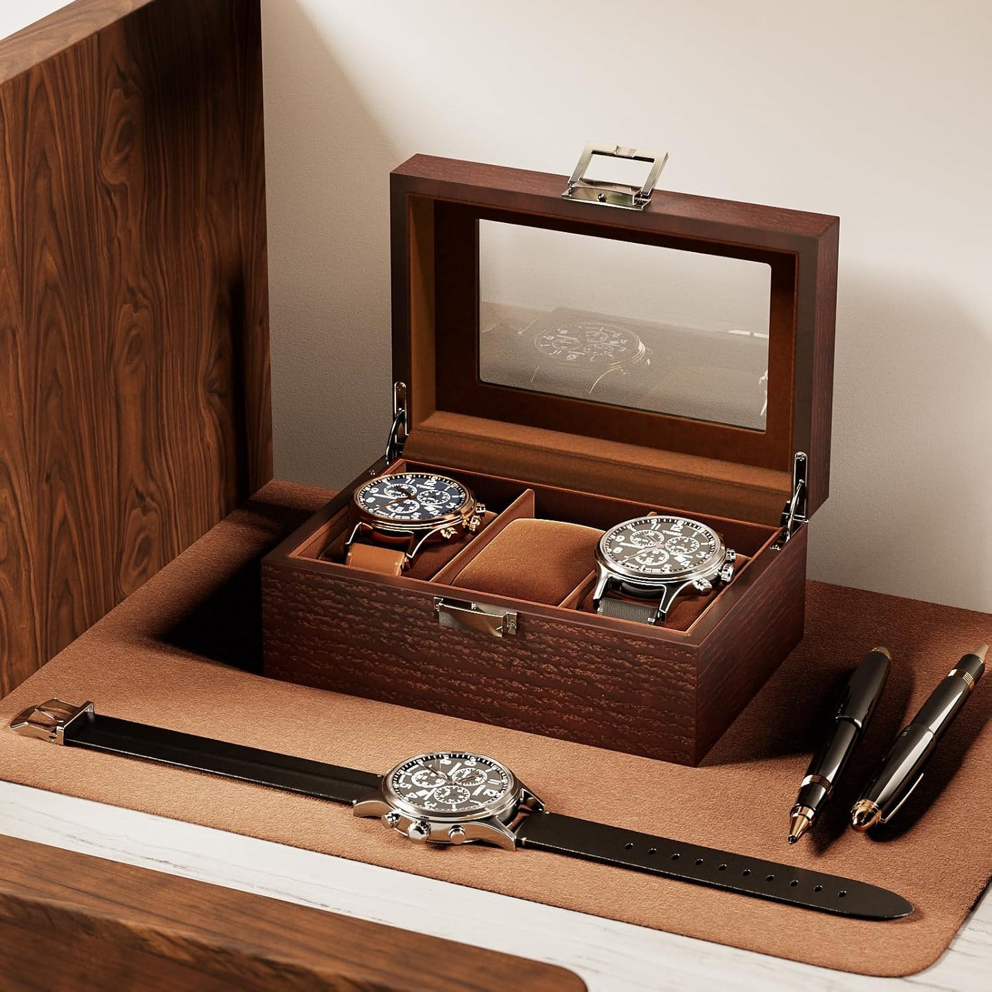 ProCase Wooden Watch Box, 3 Slot Mens Watch Display Case, Espresso | Wood Watches Holder Storage Organizer with Clear