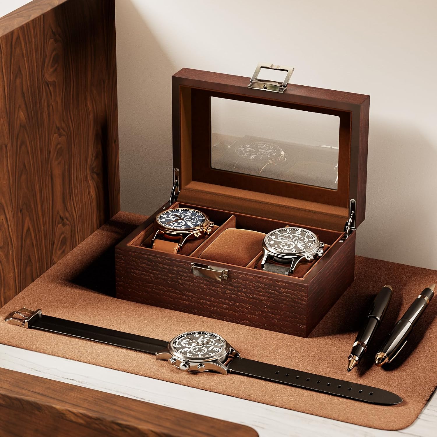 ProCase Wooden Watch Box, 3 Slot Mens Watch Display Case, Espresso | Wood Watches Holder Storage Organizer with Clear