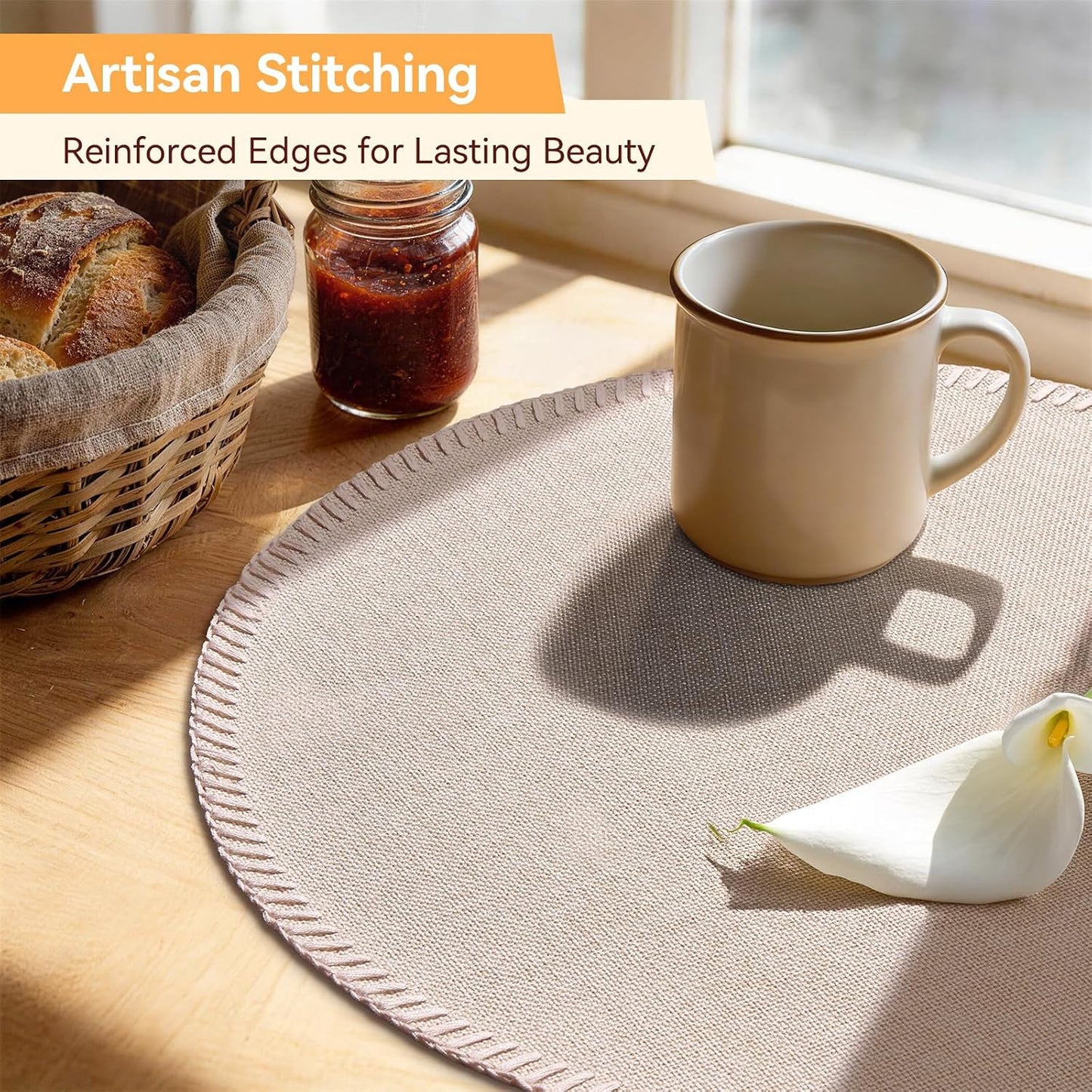 Round Placemats Set of 8 - Machine Washable Linen-Like Cloth Place Mats & Heat-Resistant for Dining Table - Ideal for