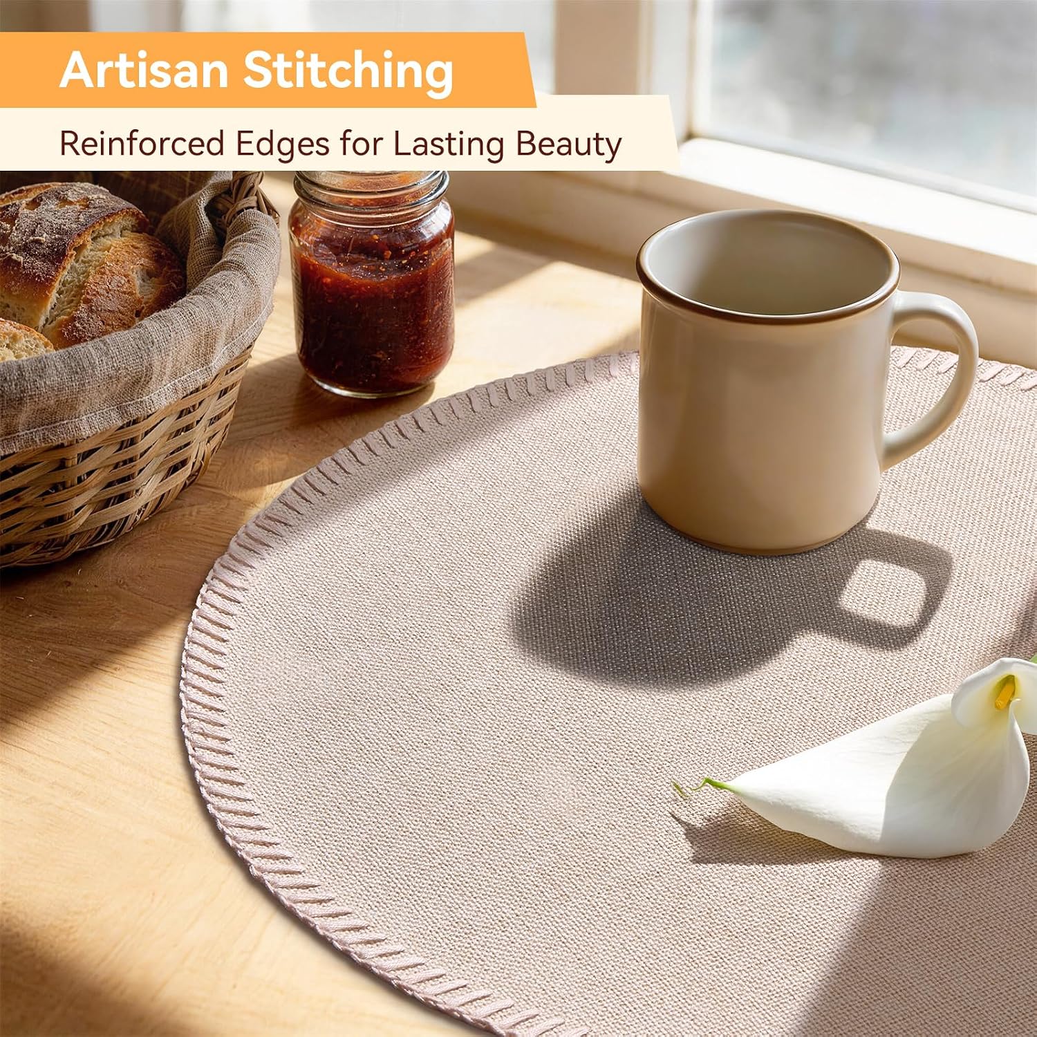 Round Placemats Set of 8 - Machine Washable Linen-Like Cloth Place Mats & Heat-Resistant for Dining Table - Ideal for