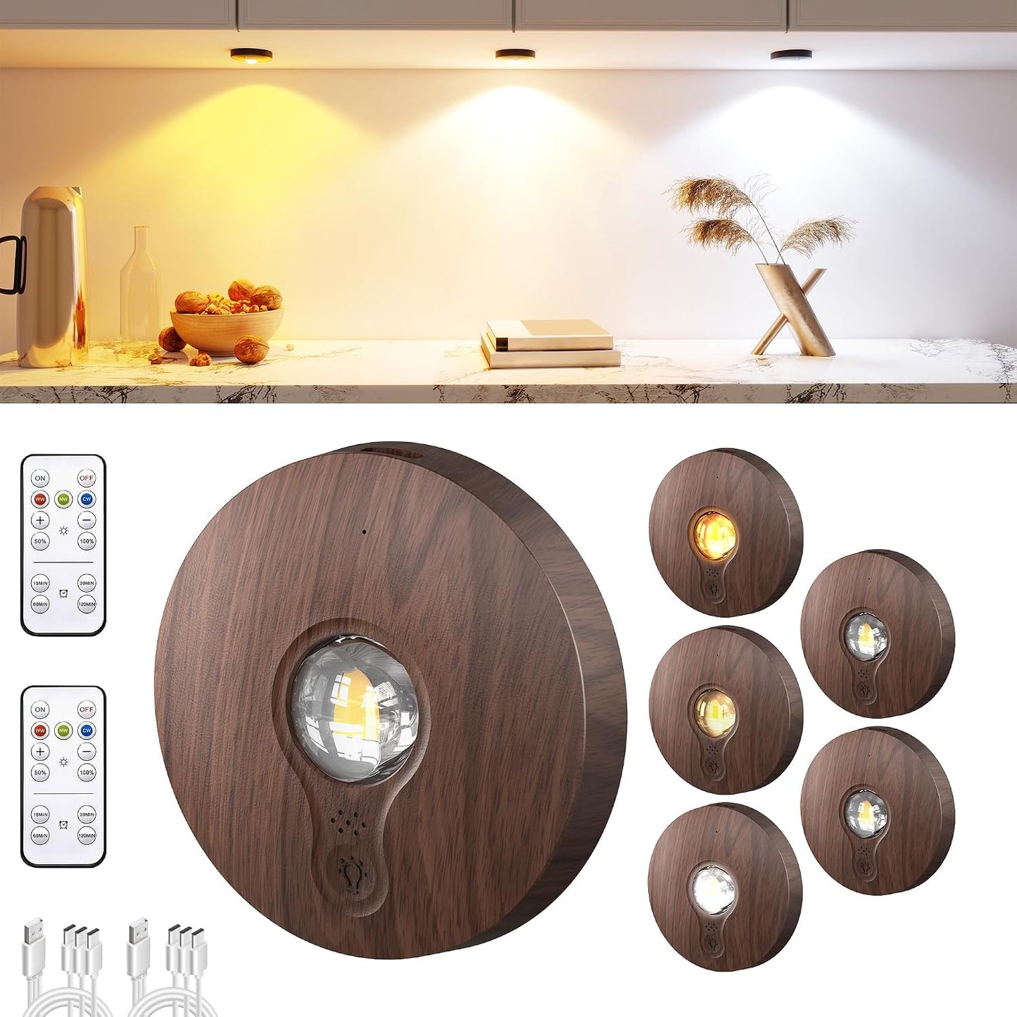 UNUSROOM Rechargeable Puck Lights with Remote Control,2000mAh High Capacity Battery Operated LED Under Cabinet