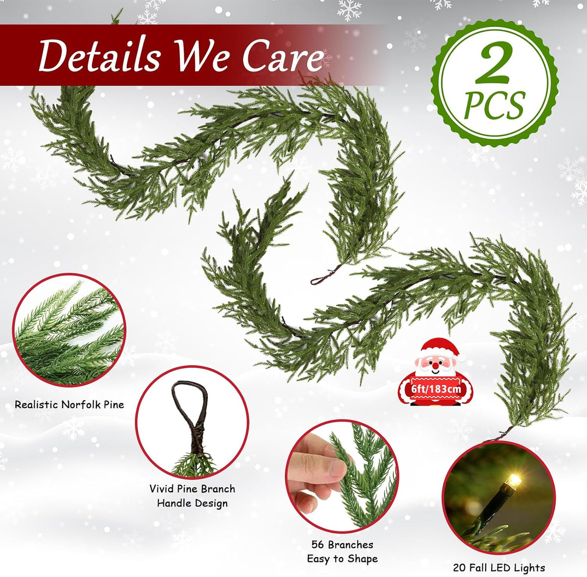 12FT Christmas Garland with Lights, 8 Flash Style with Timer for Indoor & Outdoor Christmas Decorations, Real Touch