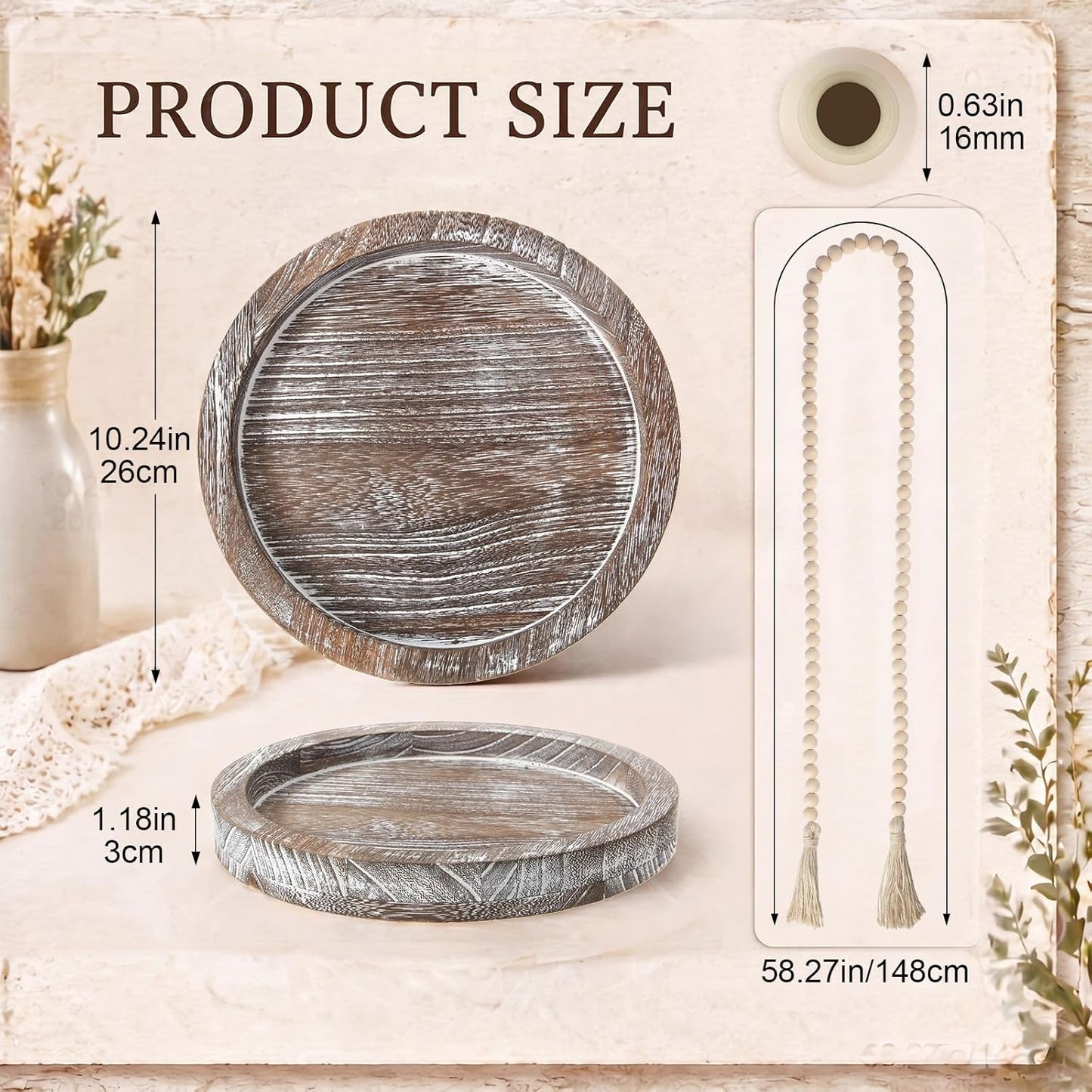 Wooden Serving Tray Wood Bead Garland / Vintage White / Set of 5