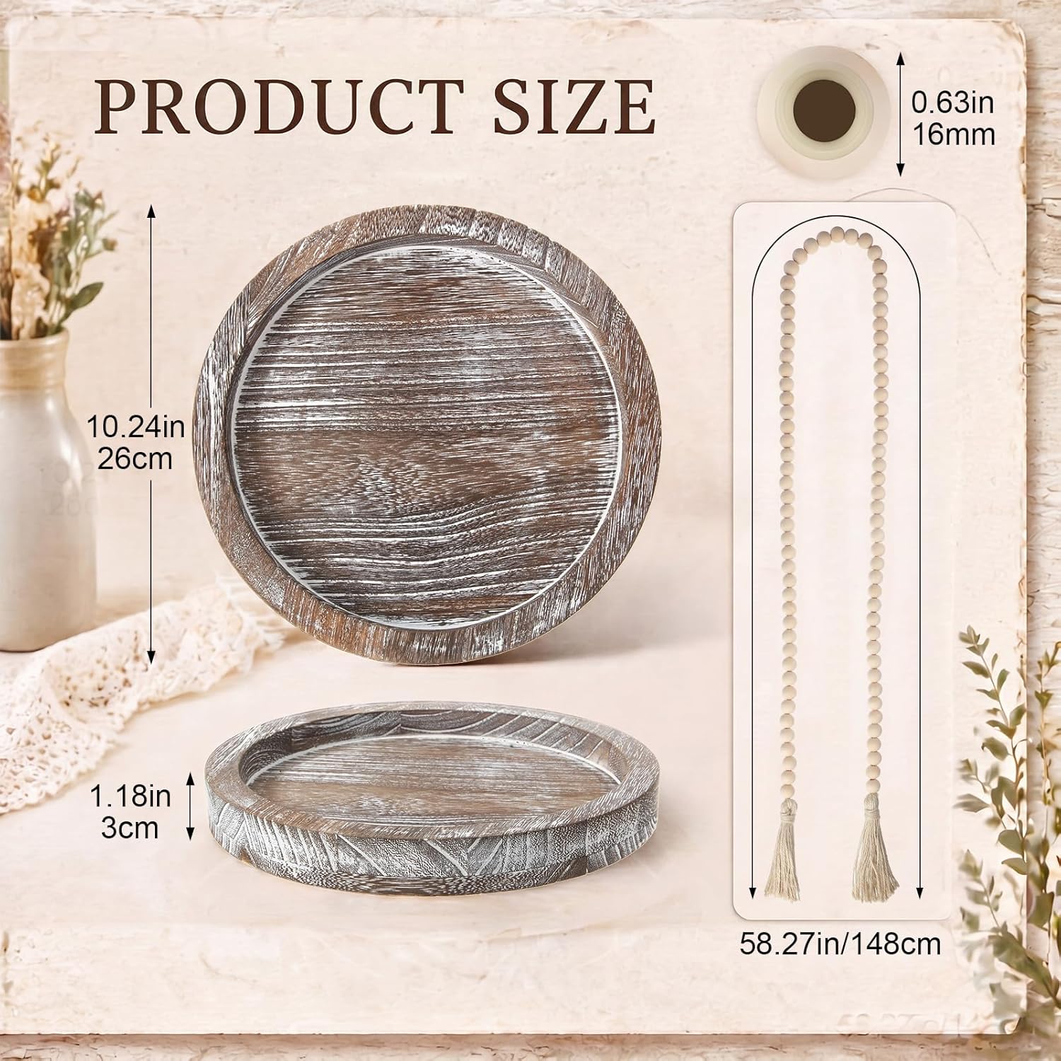 Wooden Serving Tray Wood Bead Garland / Vintage White / Set of 5