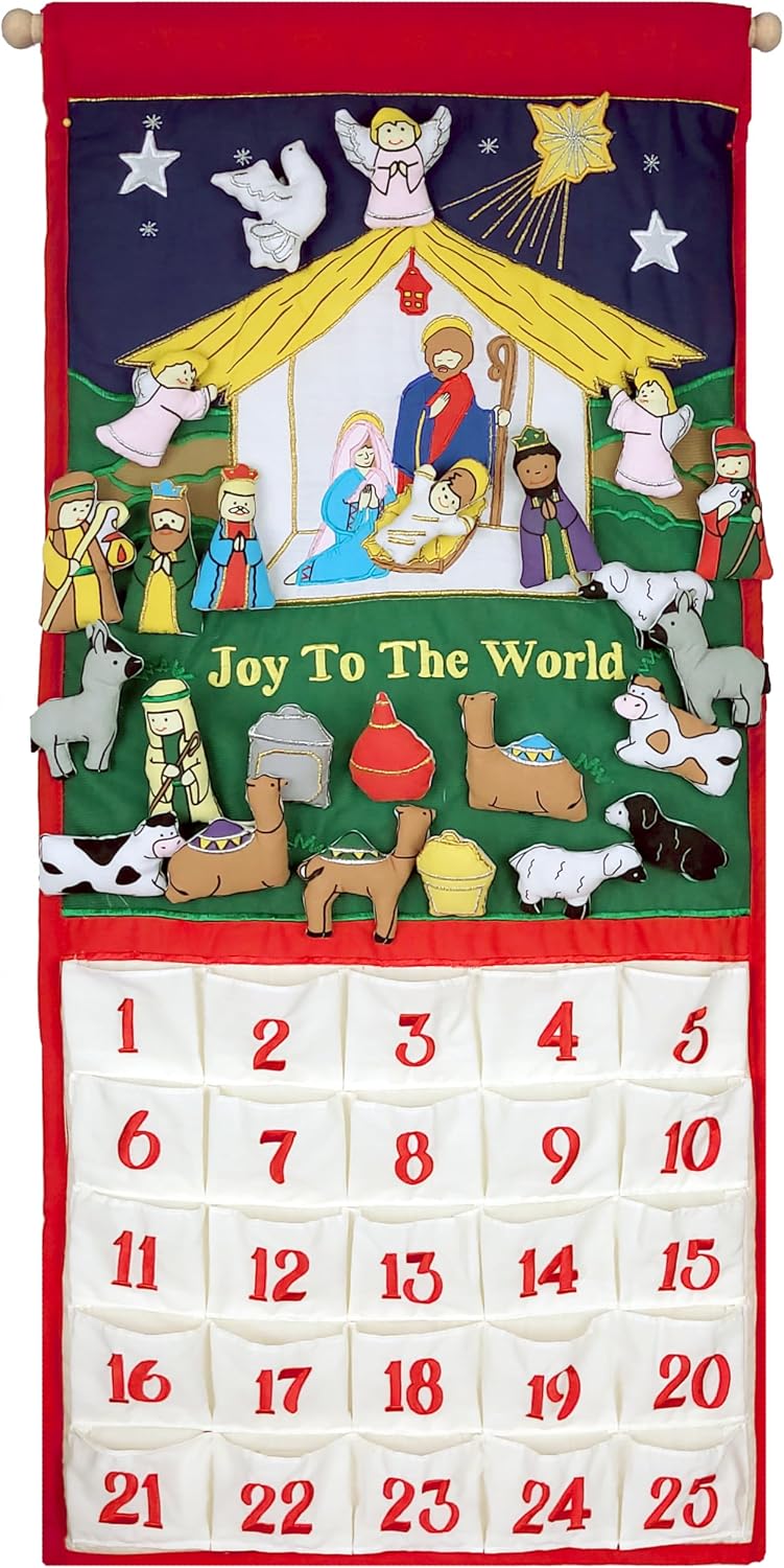 Joy To The World Traditional Nativity Advent Calendar by Pockets of Learning | Holiday Décor, Crèche Manger Scene, Christmas Fabric Wall Hanging, Seasonal Cloth Countdown
