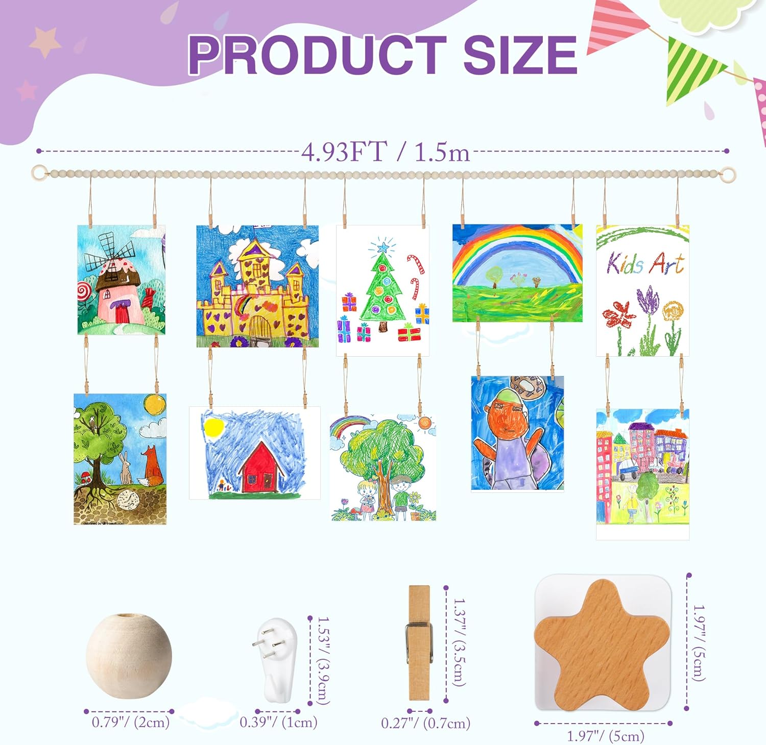 Kids Artwork Display Art Wall Decor Boho Wooden Beaded Garland Collage Holder / Natural / 4.93 Inch