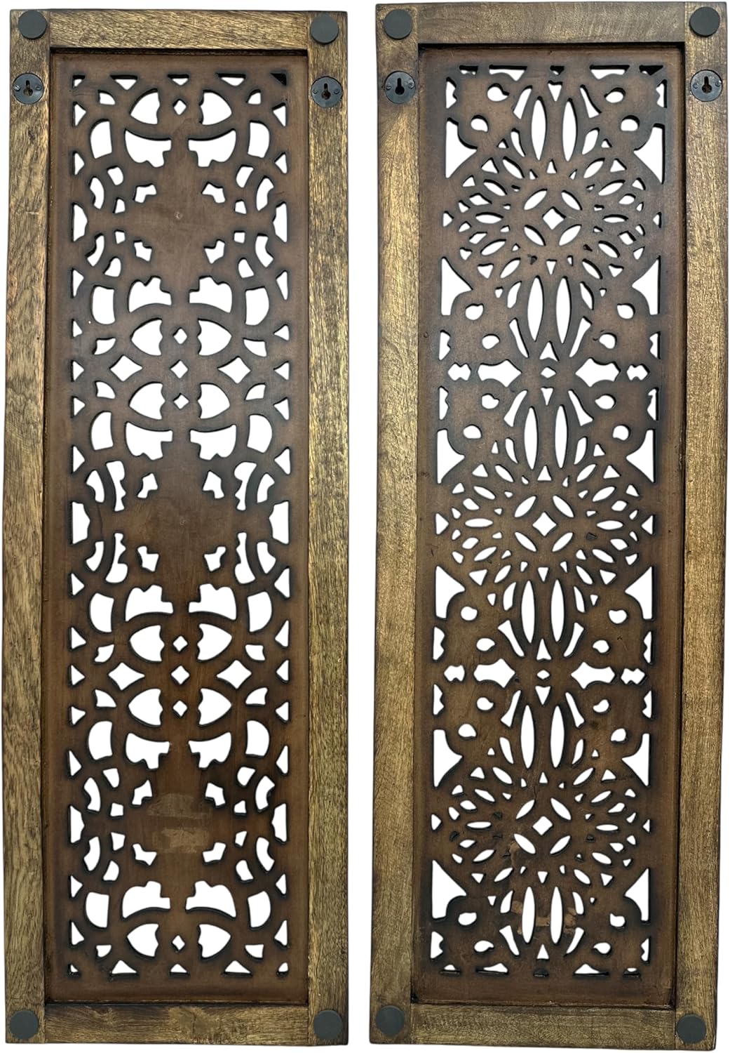Floral Hand Carved Wooden Wall Panels / Rustic Brown / Set of 2