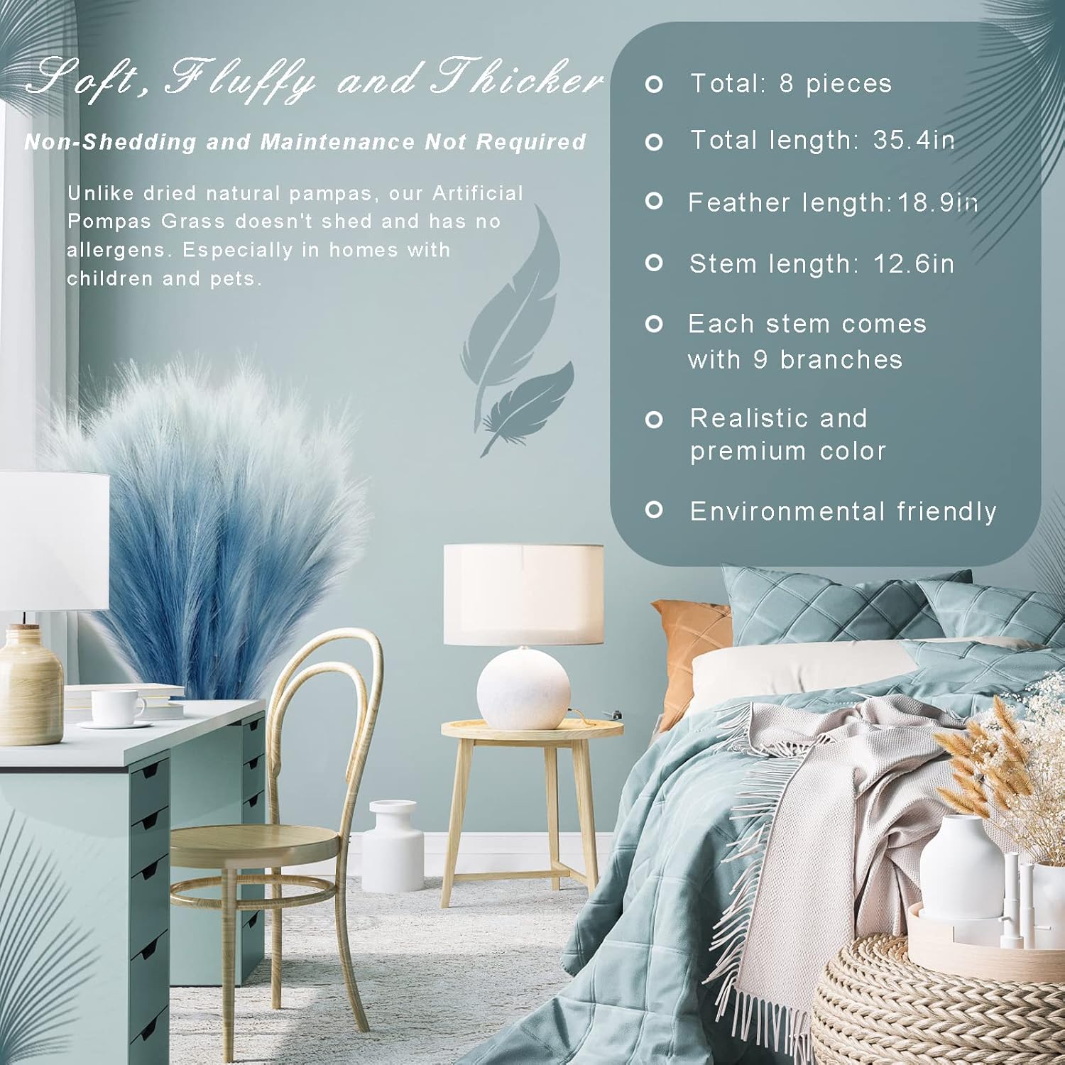 Fluffy Artificial Bulrush Branches Boho Decor / Blue / Set of 8