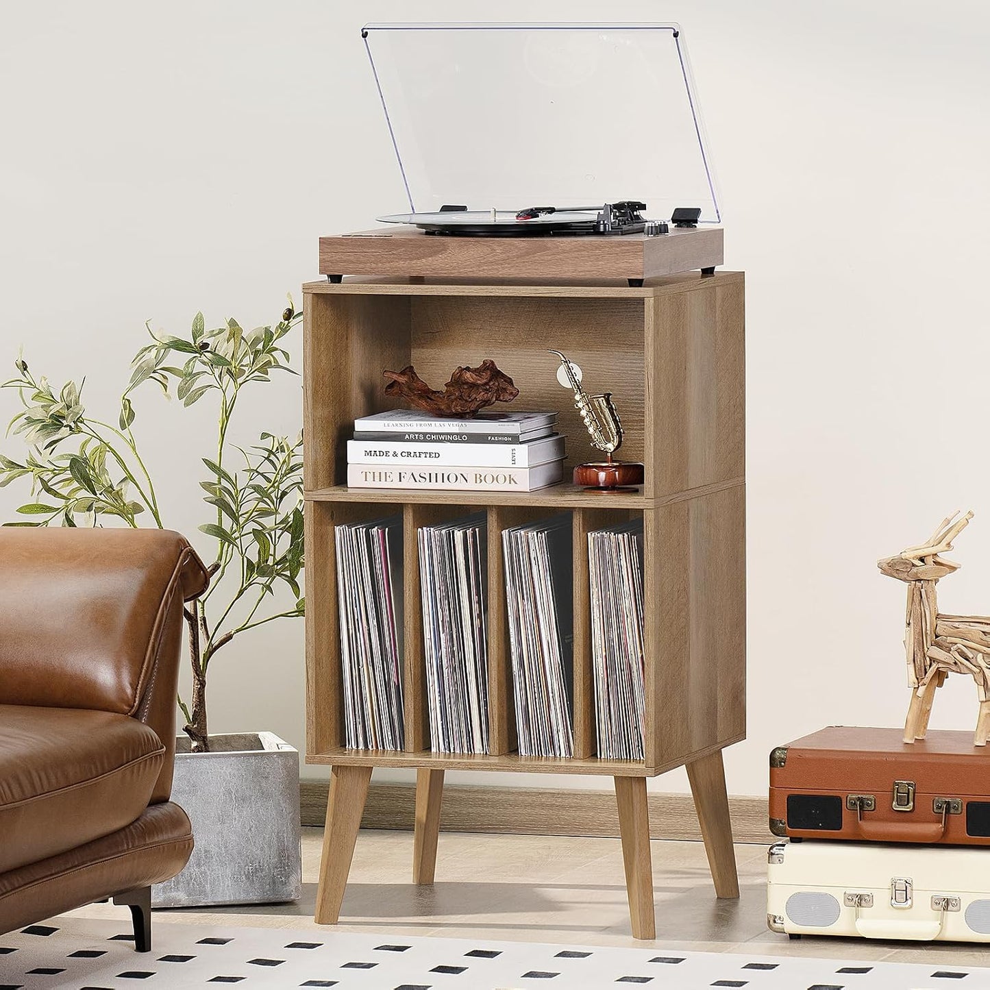 Lerliuo Record Player Stand, Oak Turntable Stand Holds up to 160 Albums | Mid-Century Vinyl Storage Cabinet Table,Solid