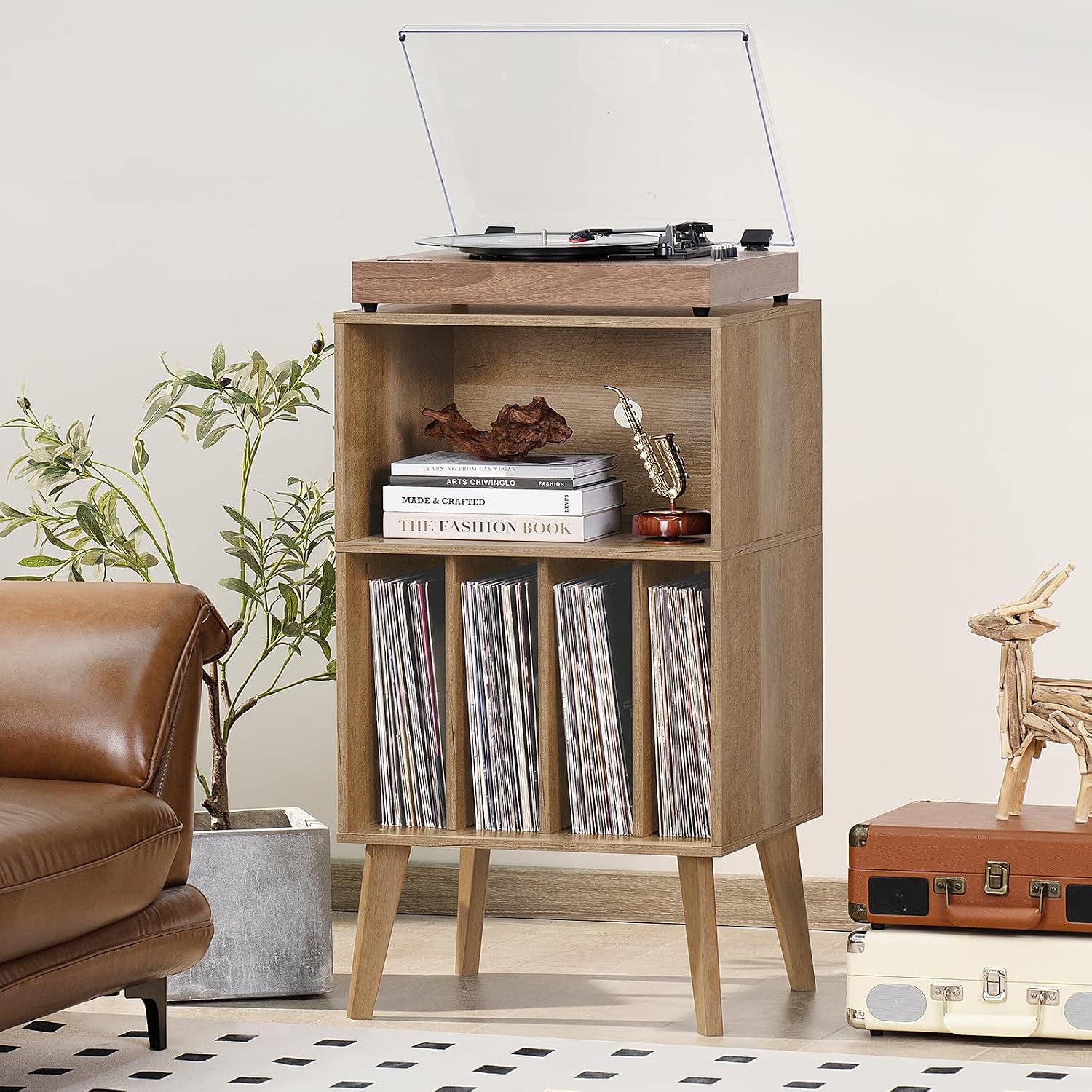 Lerliuo Record Player Stand, Oak Turntable Stand Holds up to 160 Albums | Mid-Century Vinyl Storage Cabinet Table,Solid