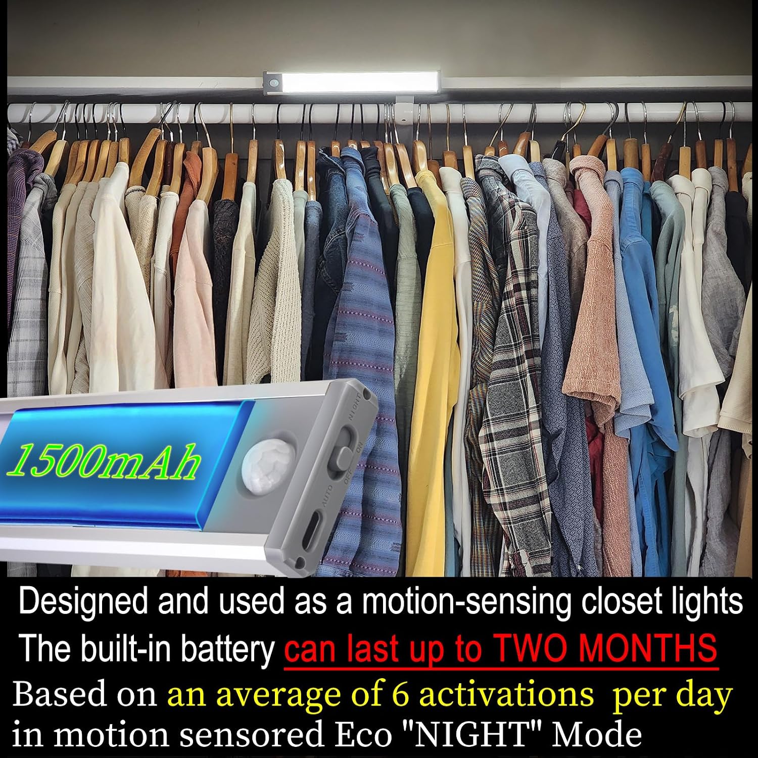 Rechargeable 2 Pack Bright 40LED Motion Sensor Activated Night Light for Closet, Kitchen Counter, Battery Operated