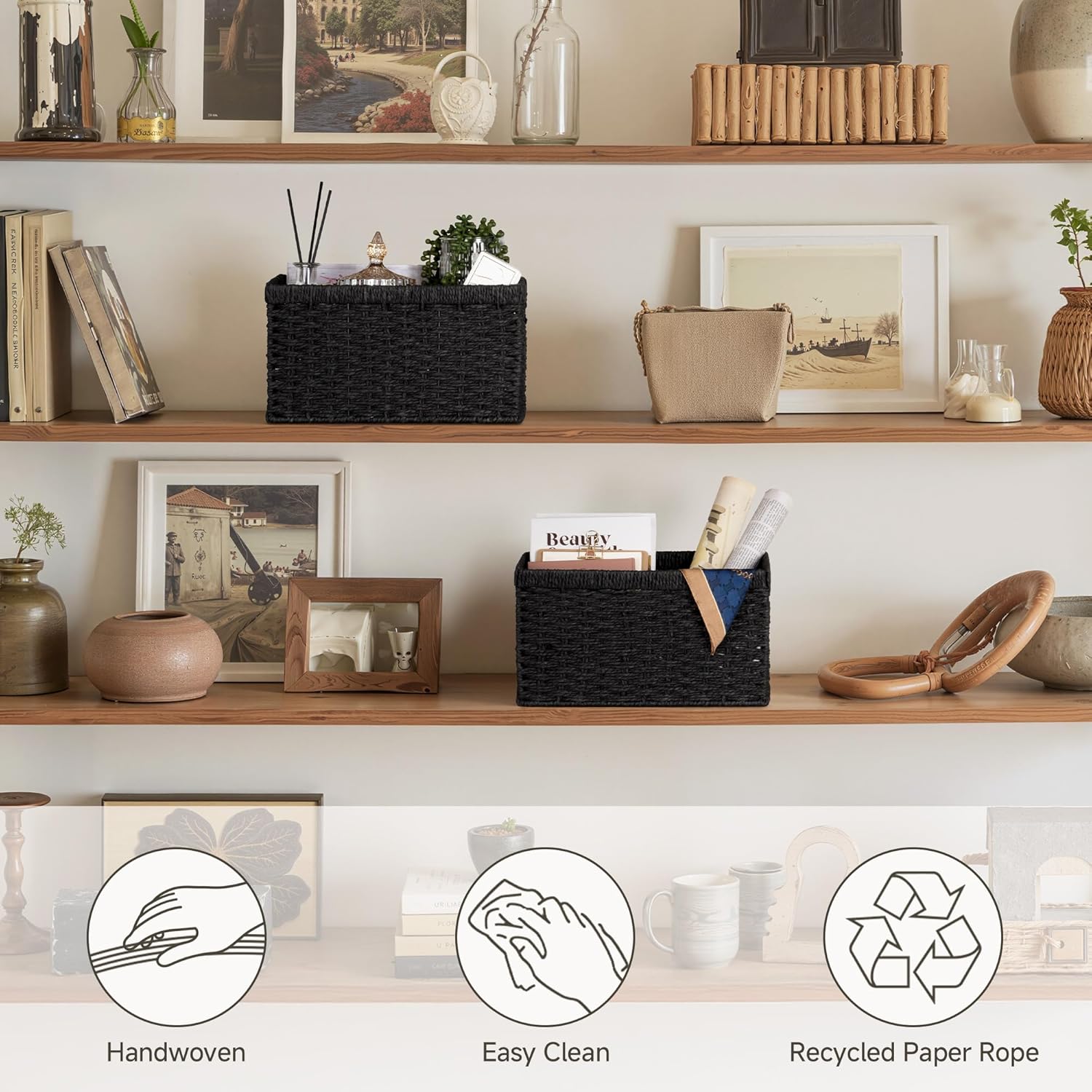 Wicker Storage Baskets for Organizing / Black / 2 x 13 / Set of 2