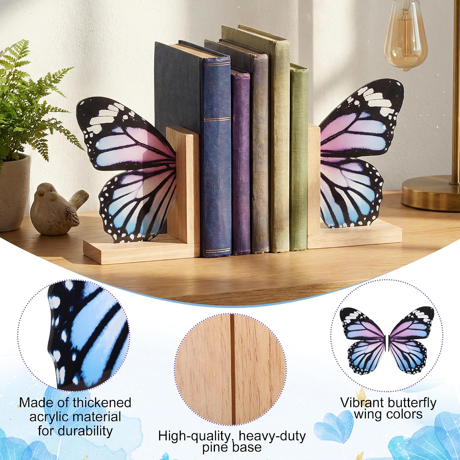 Decorative Butterfly Bookends Wooden Acrylic Butterflys Bookend / Pale Blue Swallowtail Butterfly