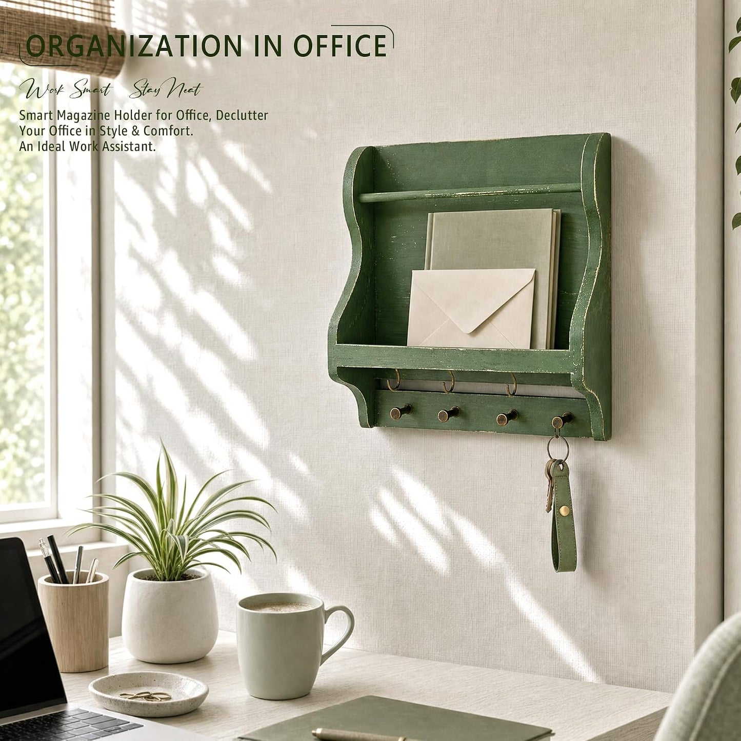 Pine Wood Mail Organizer Wall Mount / Green