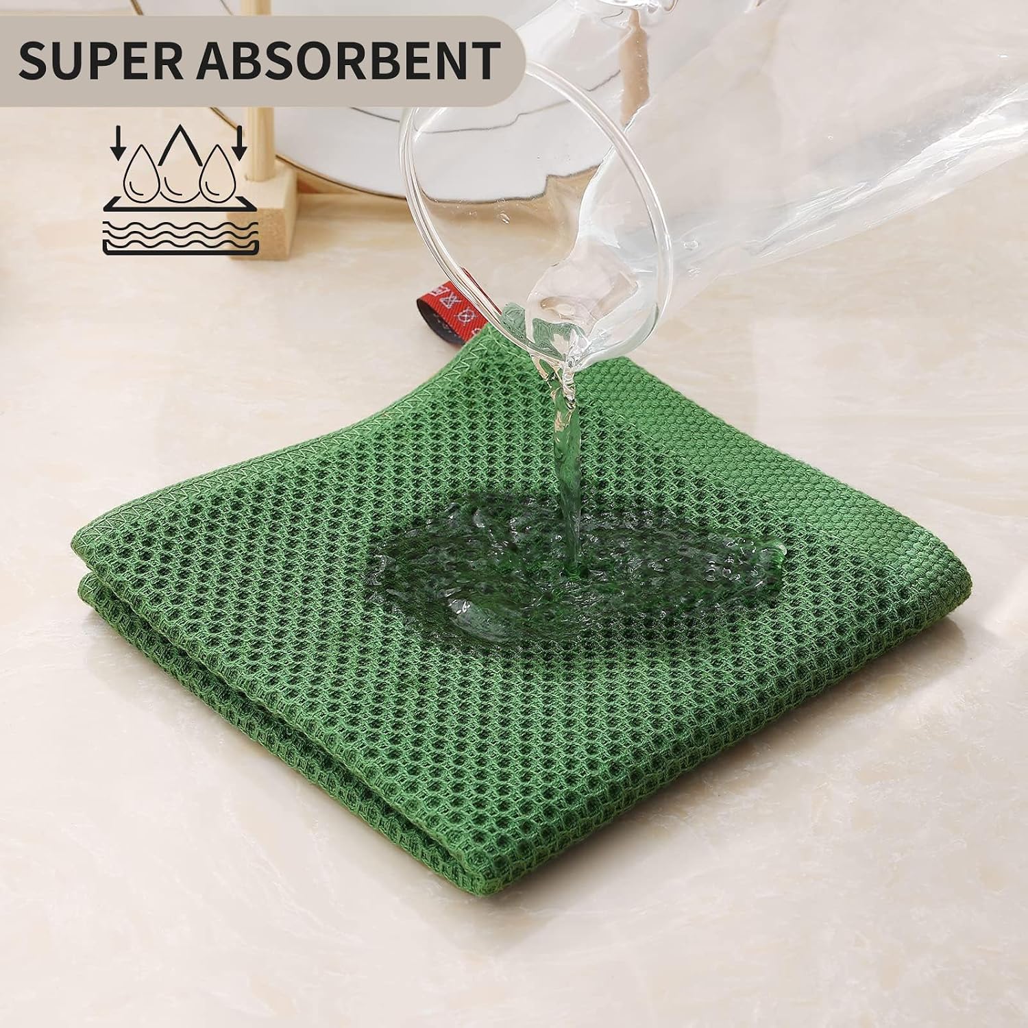 Kitinjoy 100% Cotton Waffle 12-Pack Kitchen Towels, 12" x 12", Grass Green | Ultra Absorbent, Super Soft, lightweight